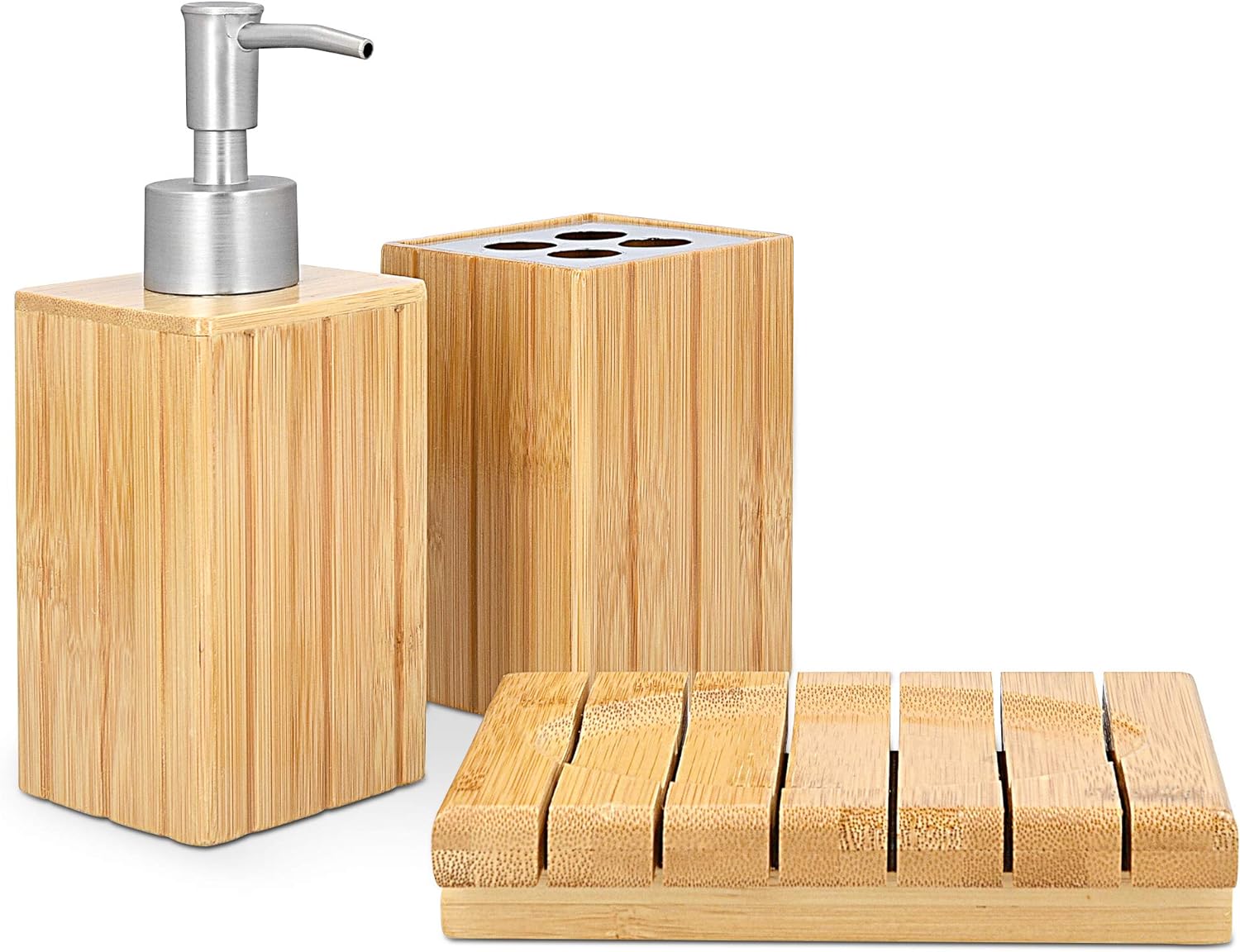 Navaris Bamboo Bathroom Accessories Set - 3-Piece Bath Set with Toothbrush Holder, Soap Dispenser, Organiser Tray - Natural Wood.