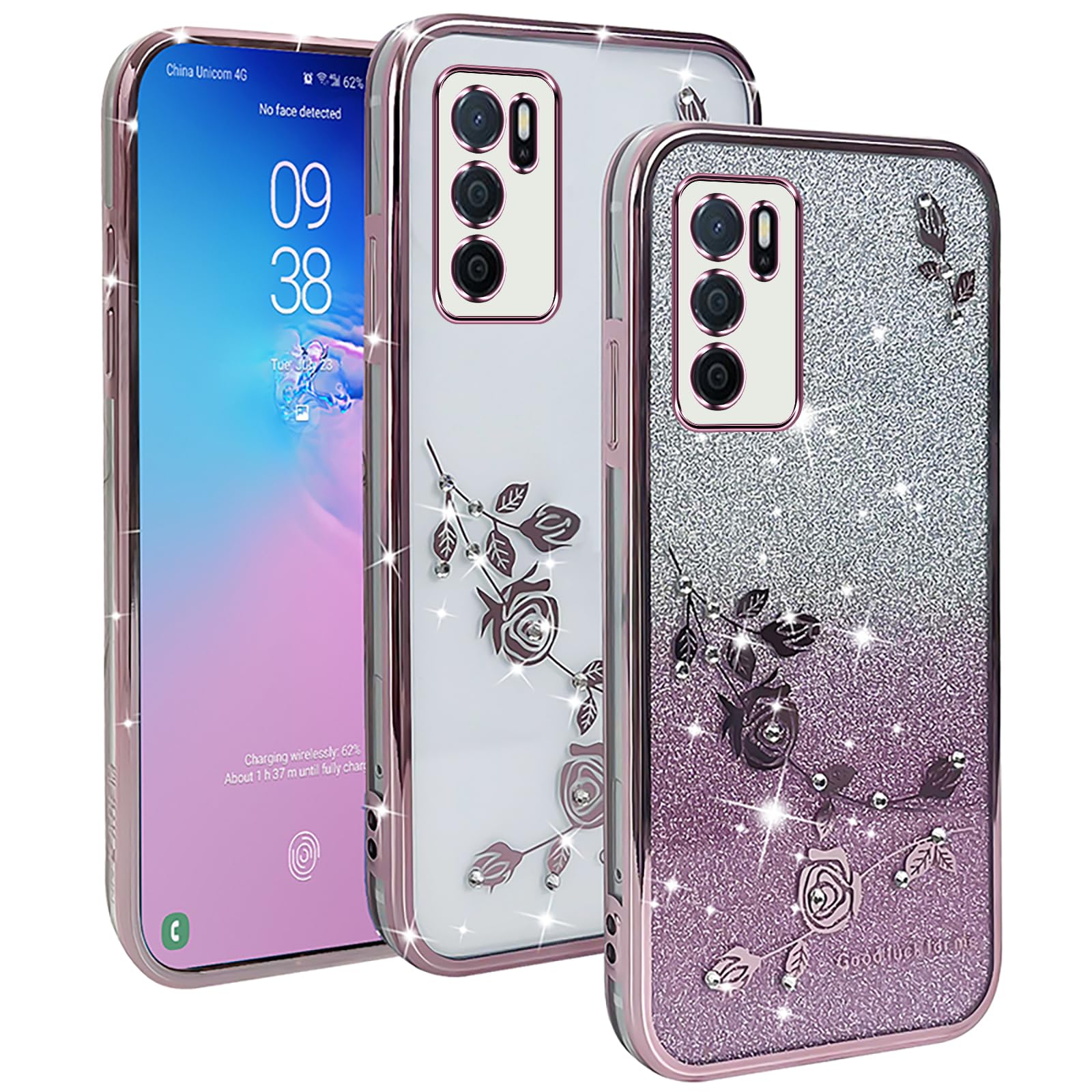 XINYEXIN Transparent Glitter Case for Oppo A16 / Oppo A16s / Oppo A54s, Women Girls Bling Diamond Phone Case Ultra Thin Slim Portable Shockproof Protective Cover - Purple.