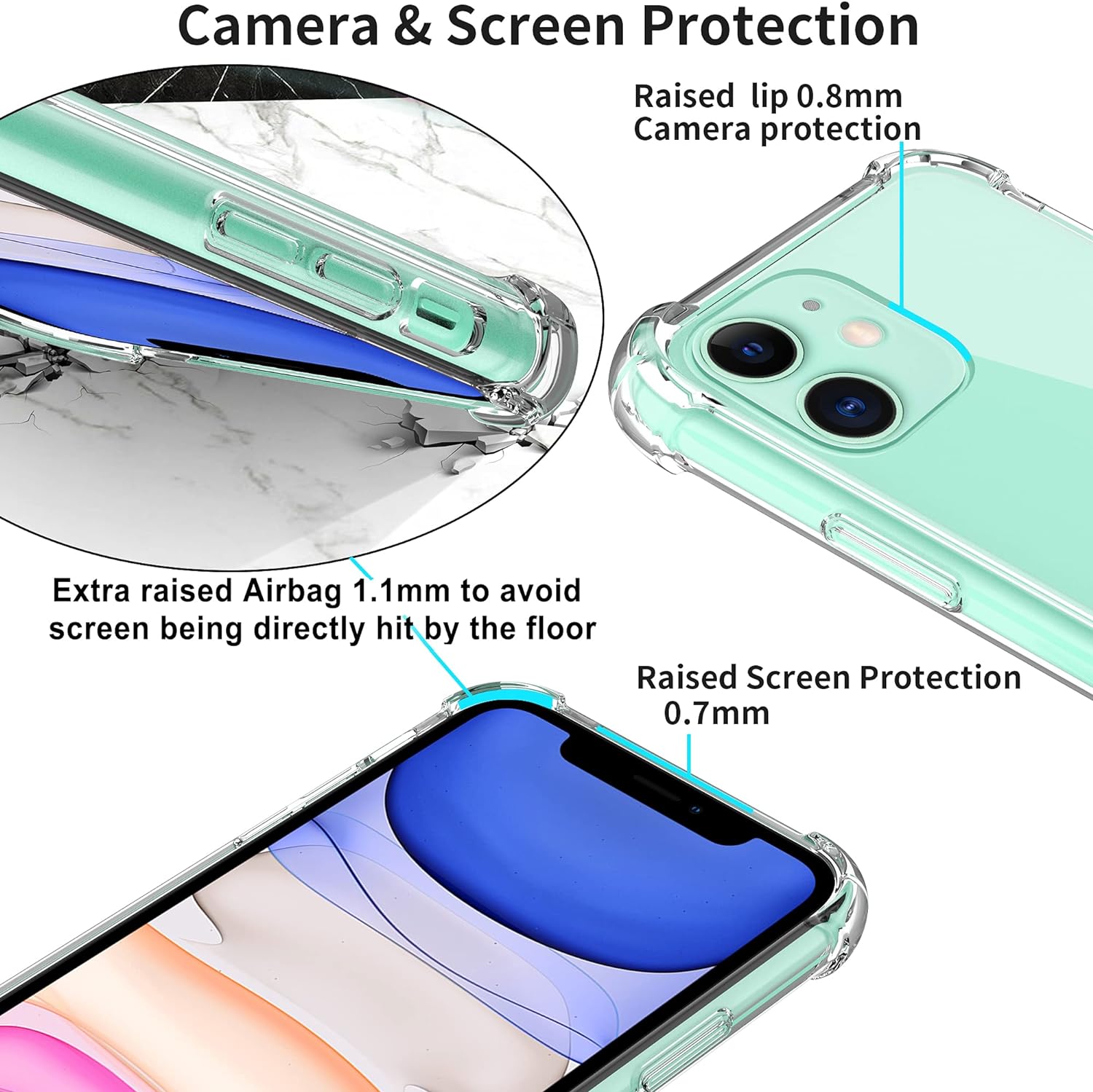 4youquality Case for iPhone 11 Case with [2-Pack Tempered Glass Screen Protectors], Advanced Airbag Drop Protection, Shockproof Transparent Clear Bumper Phone Cover, Anti-Scratch.