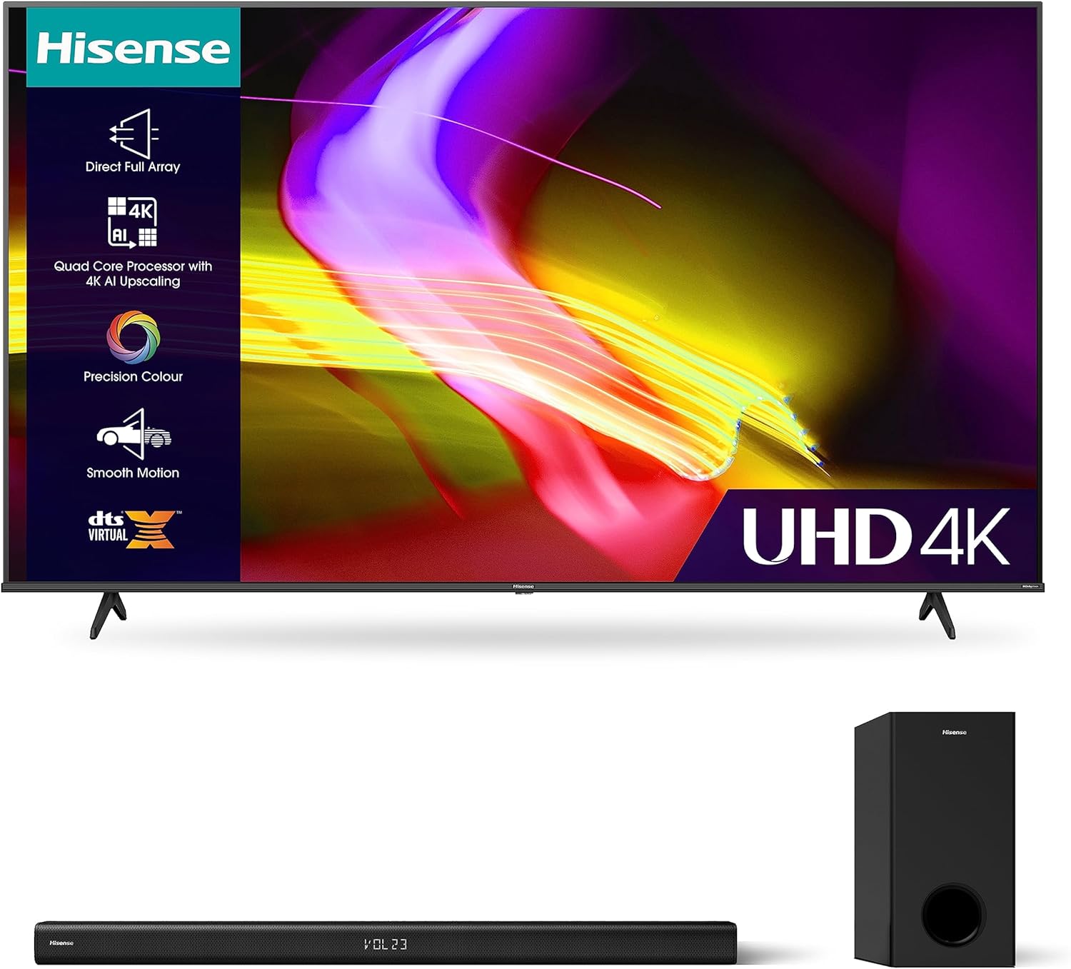 Hisense 4K UHD TV E6K and HS218 with 200W Output, Dolby Audio.