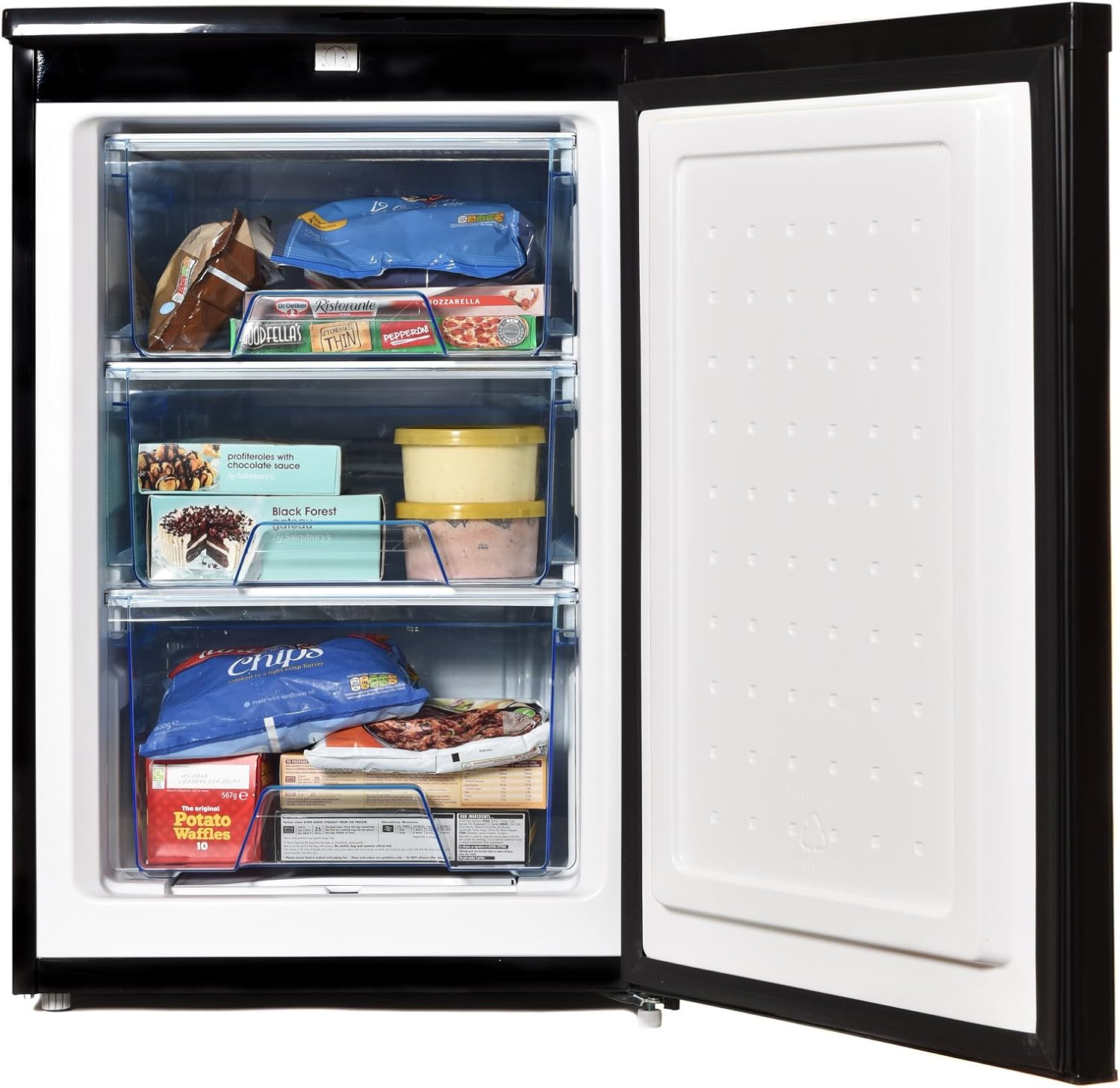 Igenix IG355B Freestanding Under Counter Freezer with 3 Large Drawers, Reversible Door, 88 Litre Freezer Capacity, 55 cm Wide, Black.