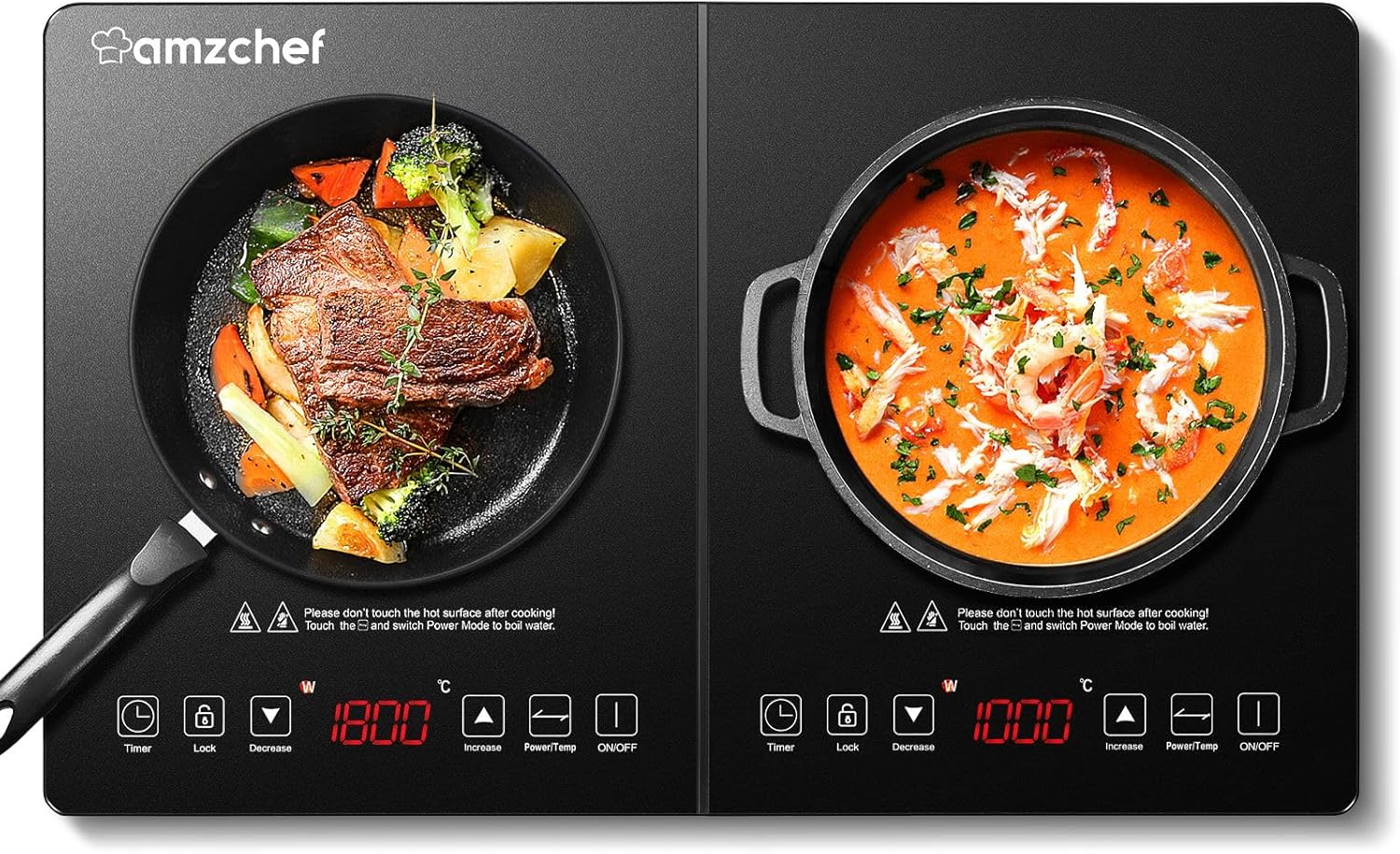 AMZCHEF Single Induction Cooker, Ultra-thin Induction Hob with Fashion Look, 10-level Power and Temperature Control, Black Frosted Glass Panel, Touch Sensor, 3-hour Timer, Safety Lock.