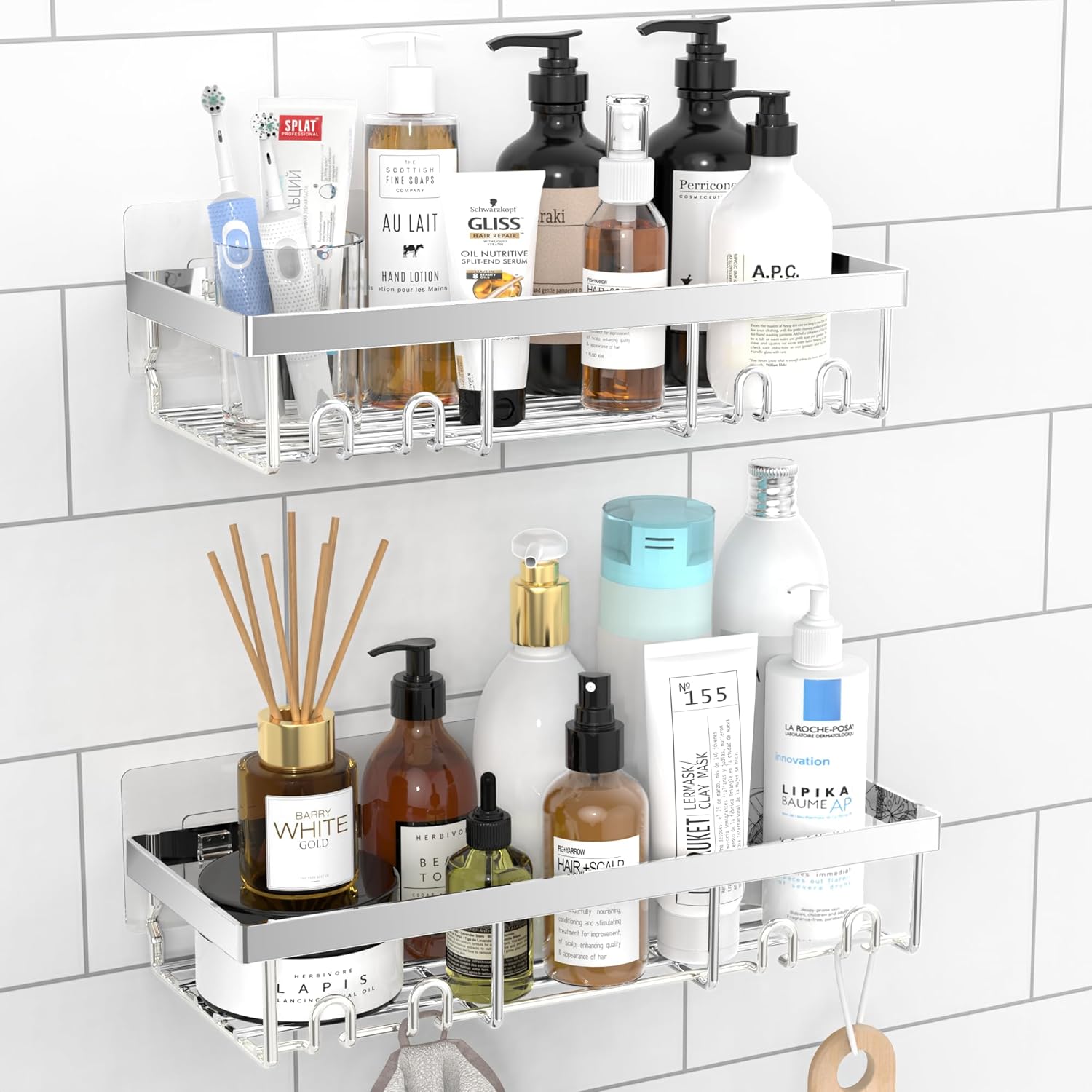 DIFULI Shower Caddy Shelf Organiser 2 Pack, No Drill Black Shower Shelves,Self Adhesive Bathroom Caddy,Shower Storage Accessories,Rust-Free Shower Rack,Wall Mounted Shampoo Holder for Shower.