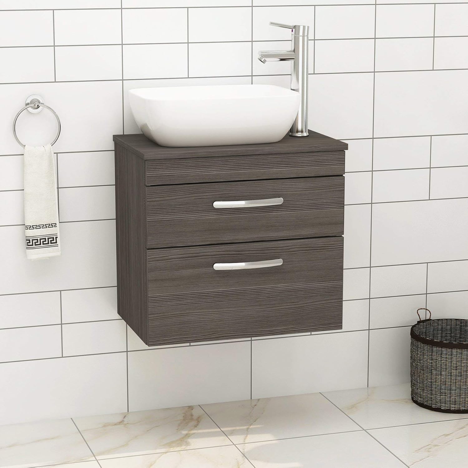 500mm Bathroom Furniture 2 Drawer Wall Hung Worktop Vanity Unit + 455mm Soft Square Countertop Basin - Gloss White.