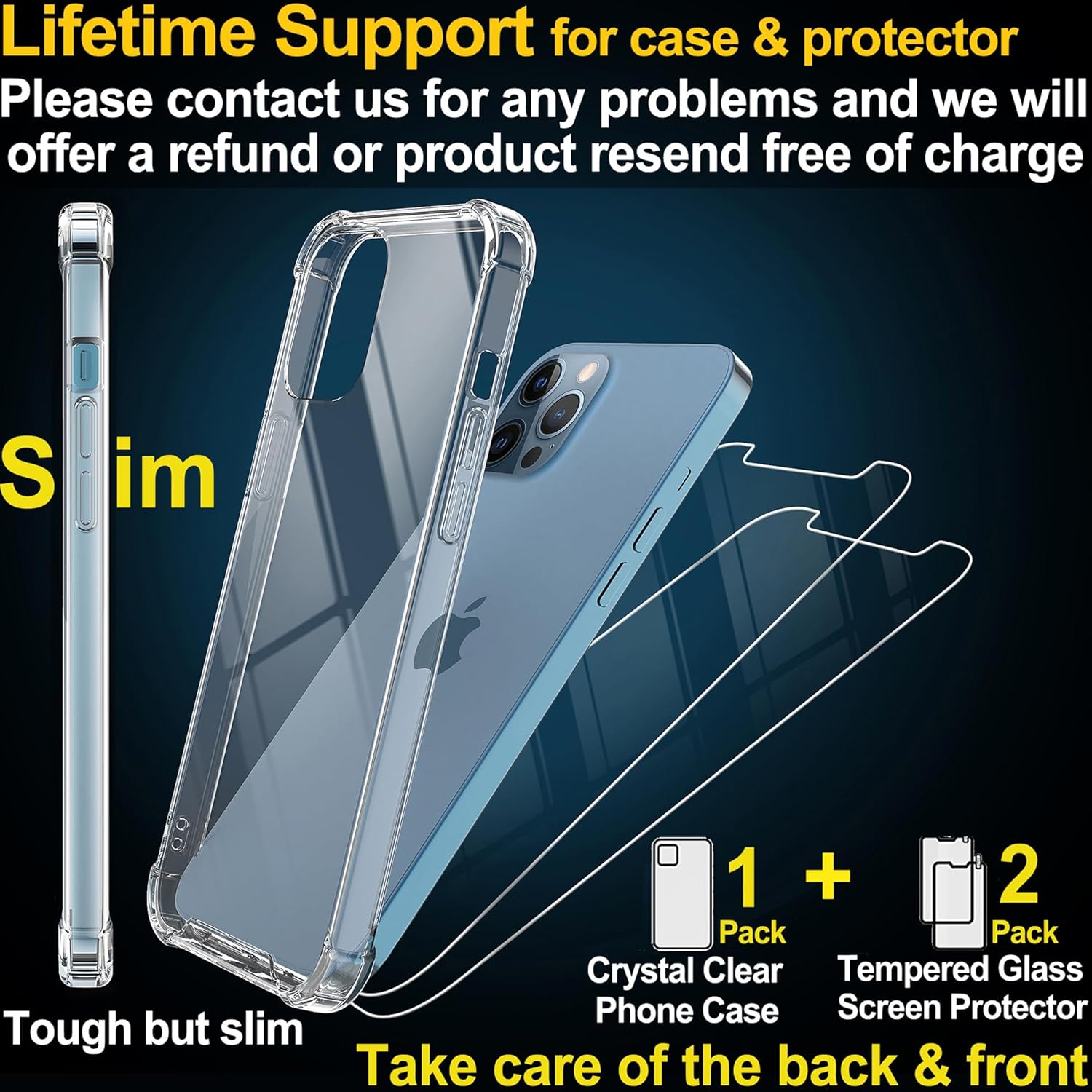 4youquality Case for iPhone 12 Pro Max with [2-Pack Tempered Glass Screen Protector], 6.7-Inch, Airbag Drop Protection, Shockproof Transparent Clear Bumper Phone Case Cover, Anti-Scratch.