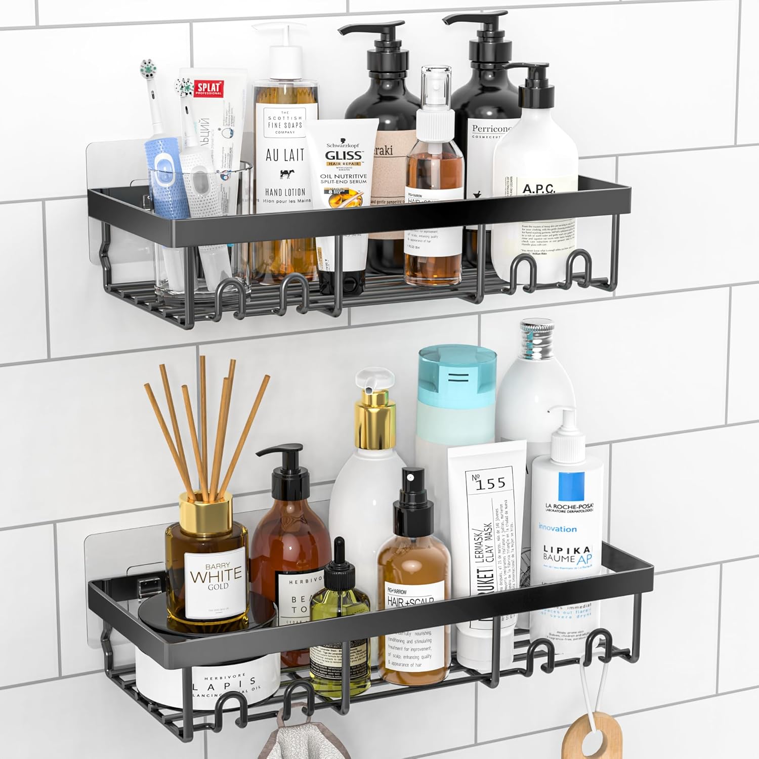 DIFULI Shower Caddy Shelf Organiser 2 Pack, No Drill Black Shower Shelves,Self Adhesive Bathroom Caddy,Shower Storage Accessories,Rust-Free Shower Rack,Wall Mounted Shampoo Holder for Shower.