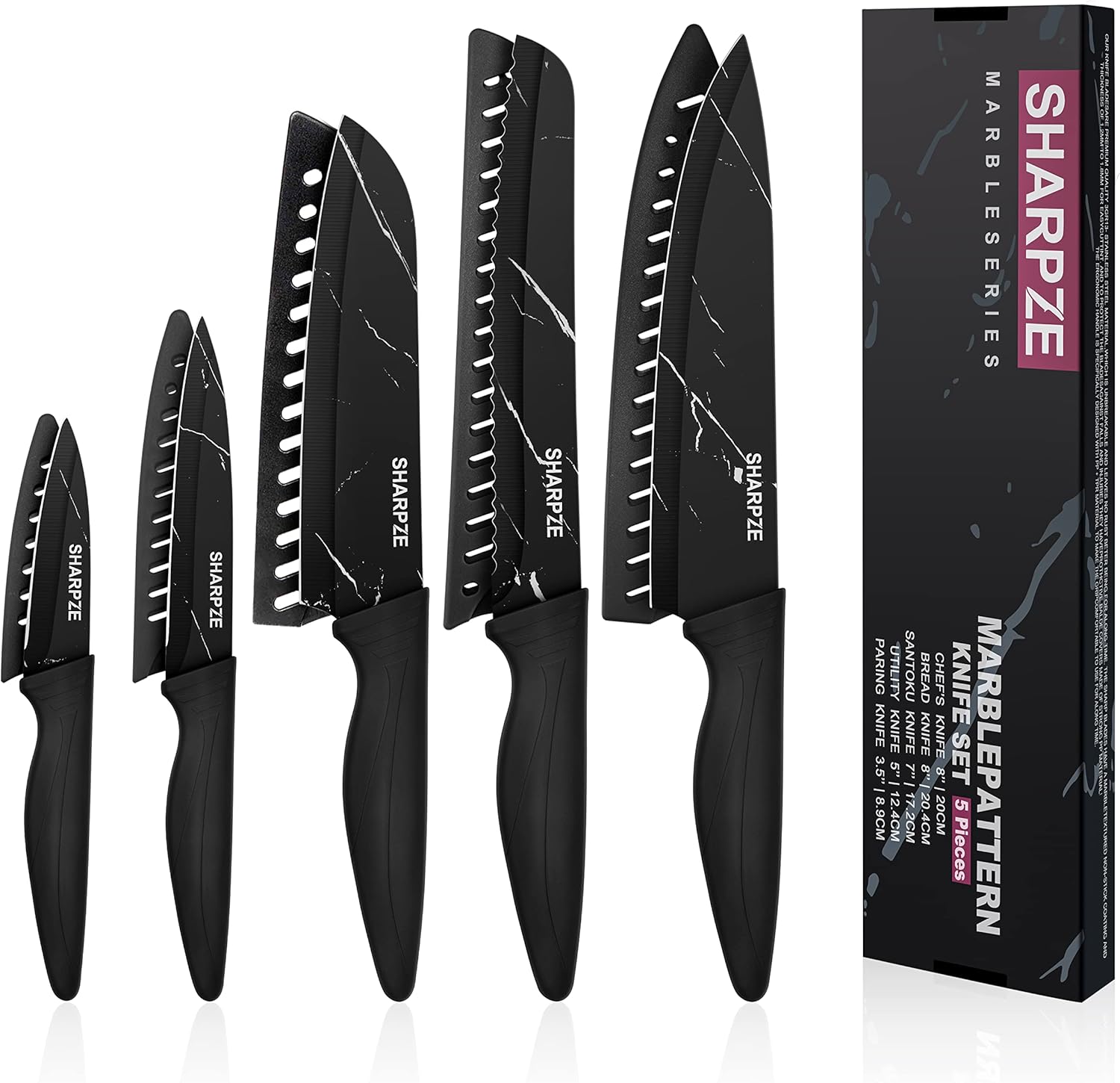 Kitchen Knife Set of 5 | Ultra Sharp Stainless Steel Blade I Kitchen Knives with Ergonomic Handle & Sheaths Include Paring, Utility, Santuko, Bread, Chef Knife & eBook.