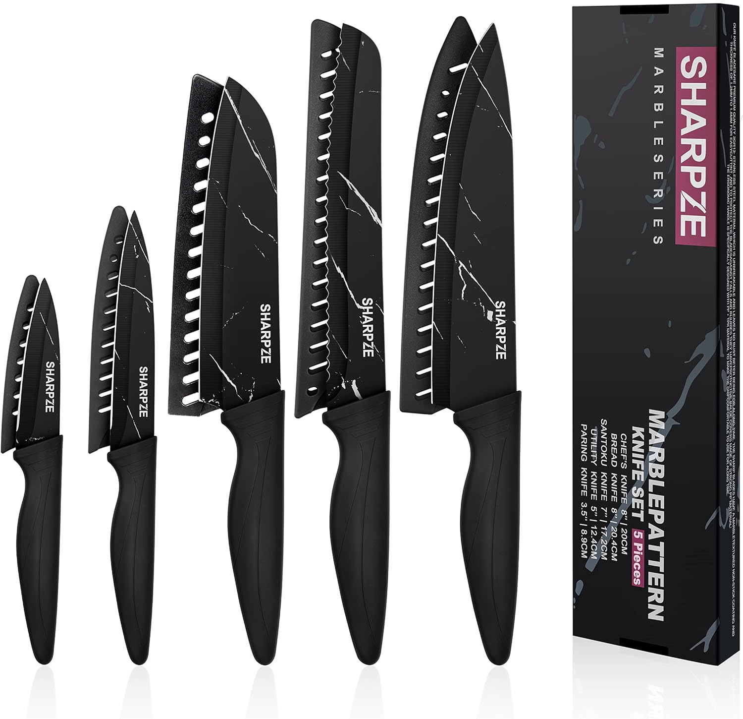 Kitchen Knife Set 5-PCs with Covers - Colour Coded Non-Stick Kitchen Knives Sets with Sheaths- Rust-Resistant Carbon Steel Chef Knife, Bread Knife, Slicing Knife, Utility & Paring Knife.