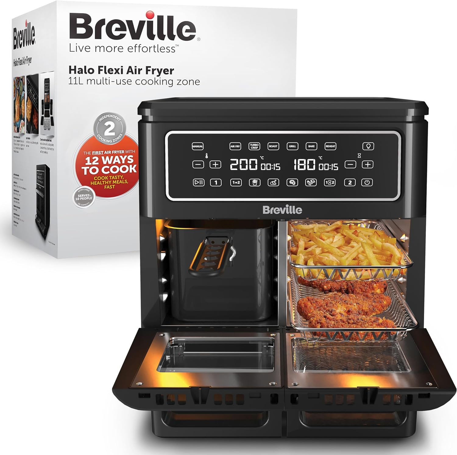 Breville Halo Flexi Air Fryer, Digital Dual Air Fryer Oven, 11L: Serves 10+ People, Fry, Bake, Grill, Roast & Reheat, 2400 W, Save £65 a Year on Energy Bills*, Black [VDF130].