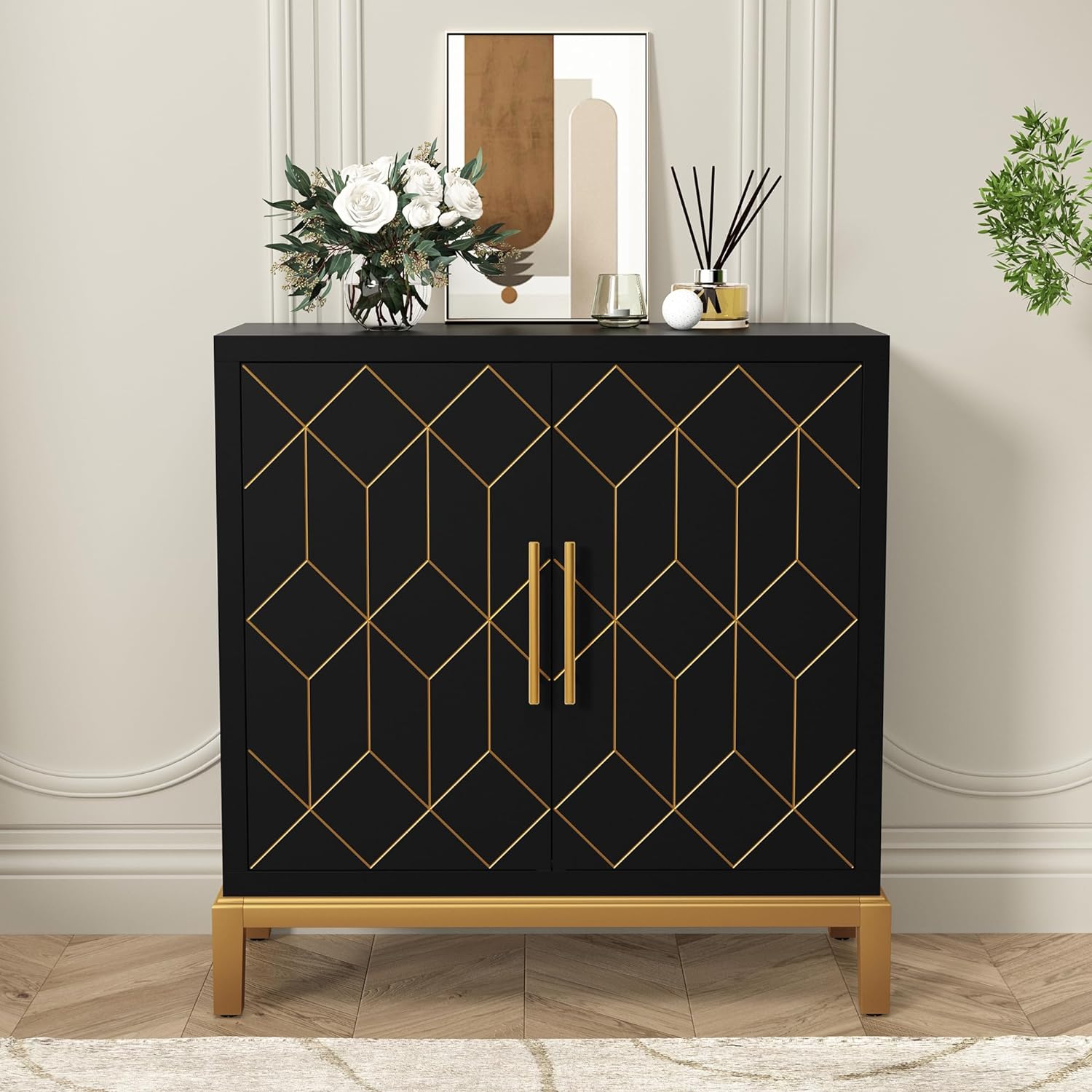 HOLTICO Wooden Kitchen Sideboard, Cabinet Storage Cupboard with 4 Doors, Modern Storage Cabinet with Gold Trim, Buffet Cabinet for Living Room, Kitchen, Dining Room, Hallway, Black.