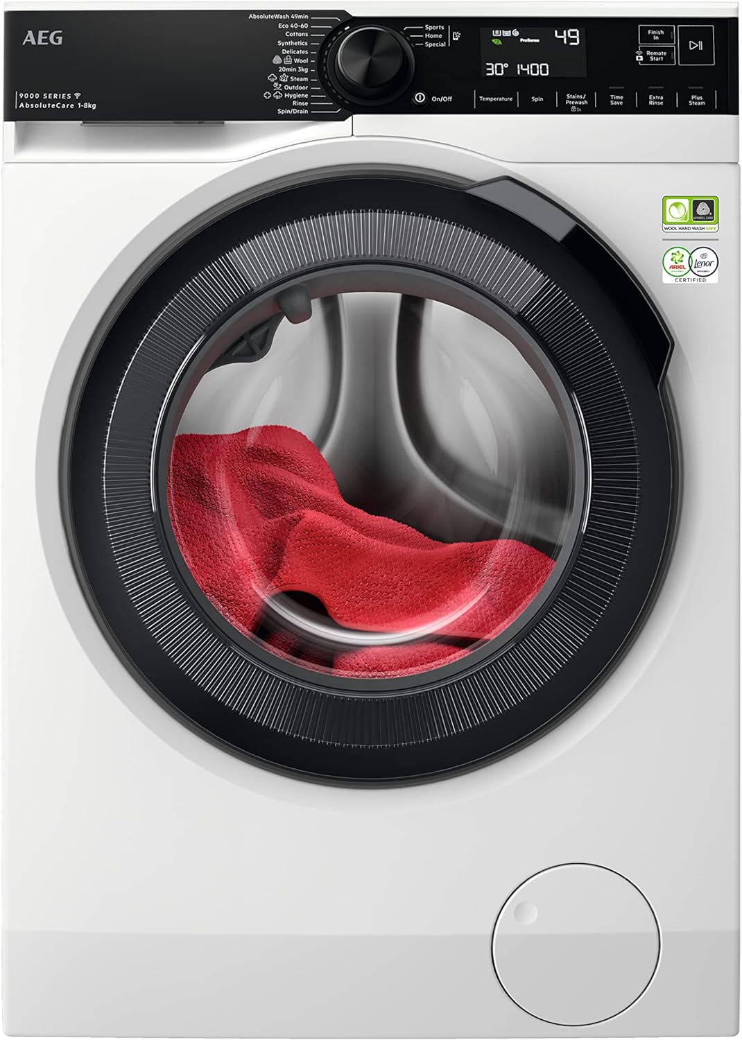 AEG 9000 Series Washing Machine LFR94846WS, AbsoluteCare, PowerCare, Softwater help clothes last longer and providing superior colour protection, WiFi Connected, 8kg Load, 1400rpm Spin, Energy Class A.