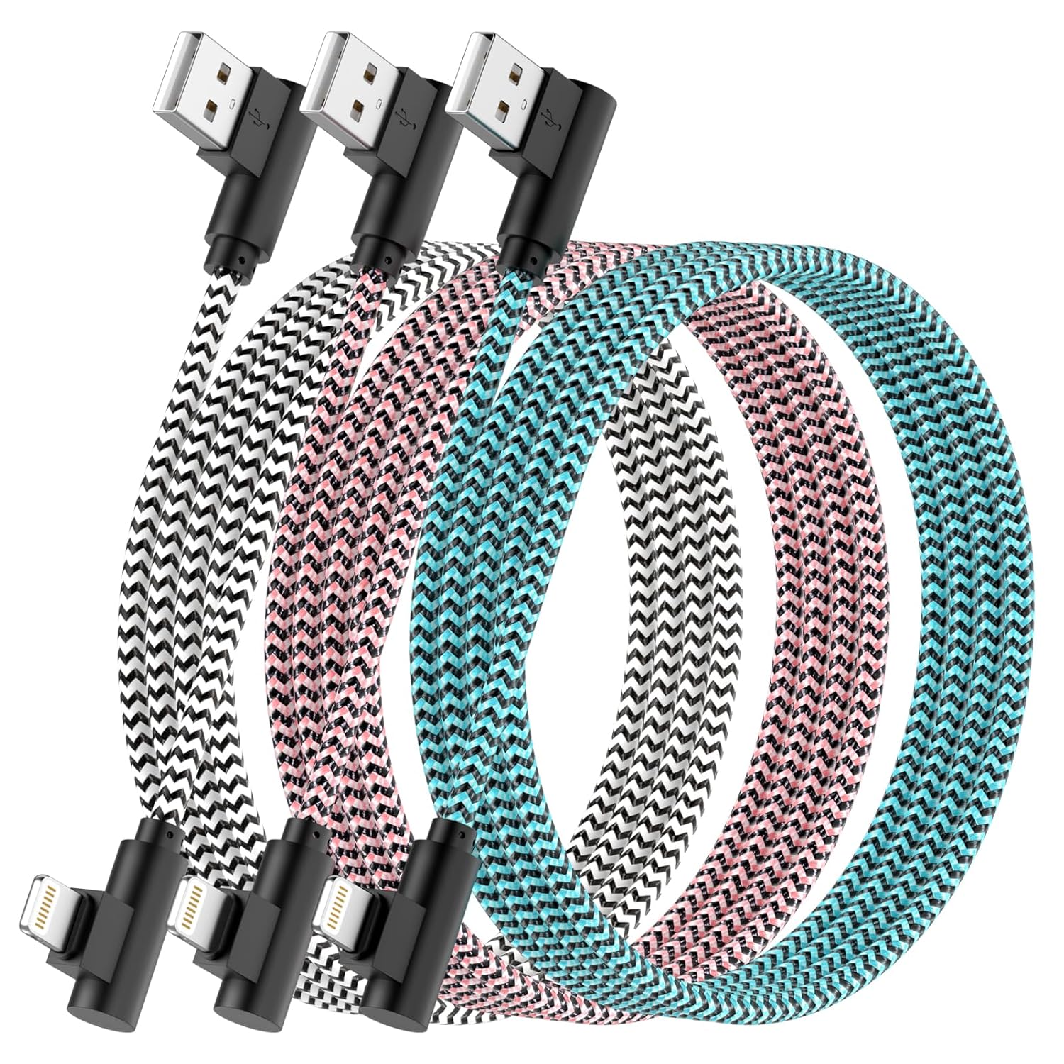 iPhone Charger Cable 3M,3Pack[Apple MFi Certified]Right Angle 90 Degree Fast Charging iPhone Cable Nylon Braided ipad Charger Cable for iPhone 14 13 12 11 Pro Max Mini XR XS X 8 7 6s 6 iPod AirPods.