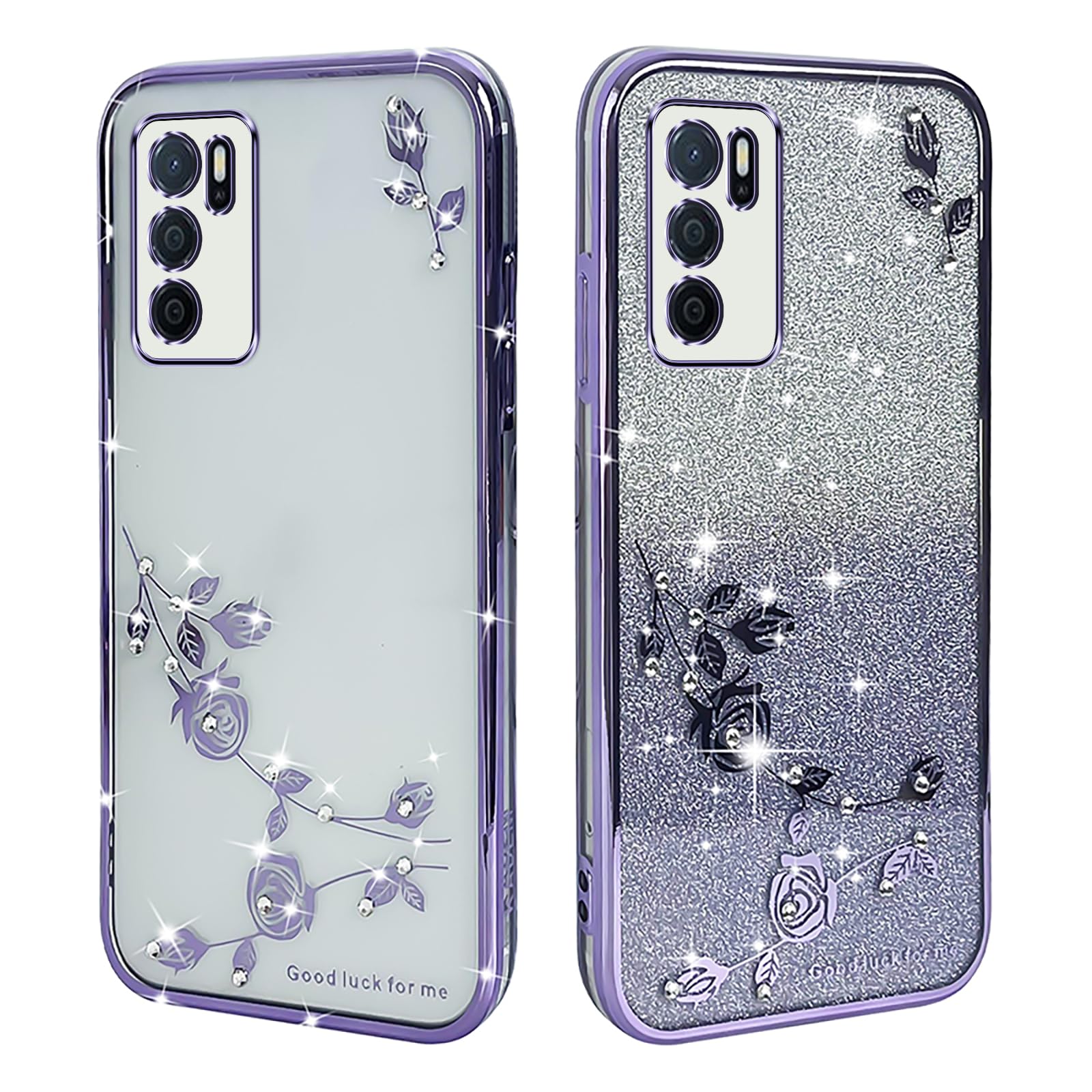 XINYEXIN Transparent Glitter Case for Oppo A16 / Oppo A16s / Oppo A54s, Women Girls Bling Diamond Phone Case Ultra Thin Slim Portable Shockproof Protective Cover - Purple.