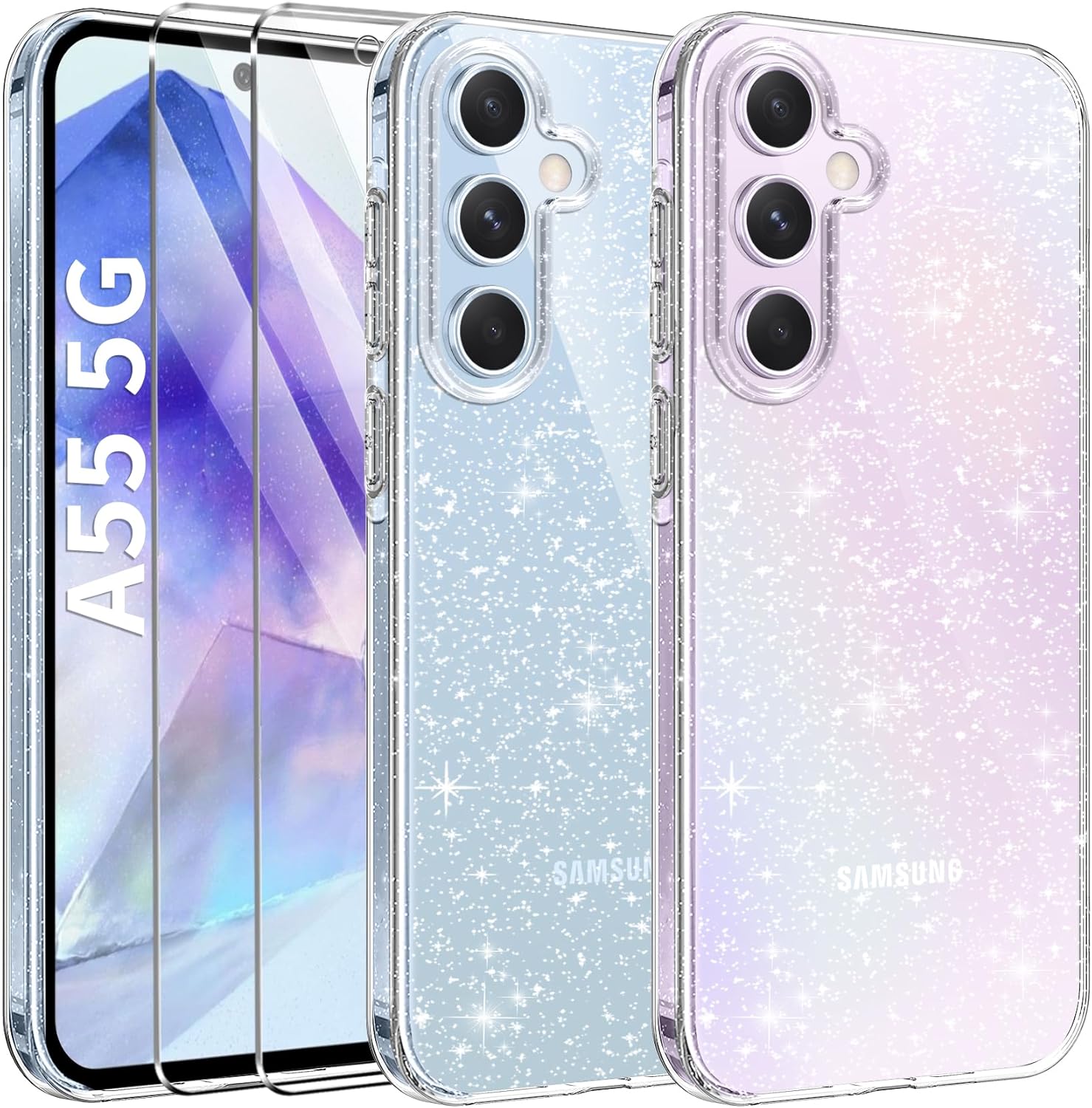 AROYI 3 in 1 Clear Glitter Case for Samsung Galaxy A55 5G Case with 2 Tempered Glass Screen Protector, Soft Bumper Anti-Scratch Sparkle Bling Women Girls Samsung Galaxy A55 Phone Case Cover