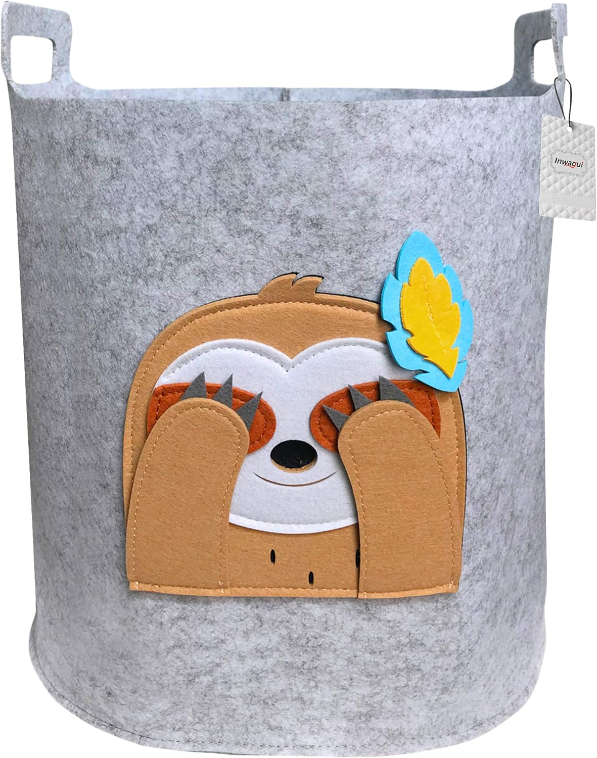 Inwagui Felt Storage Basket Kids Toys Organiser Large Collapsible Clothing Hamper Baby Laundry Bins Nursery Decor Basket, Animal Sloth - Light Grey.