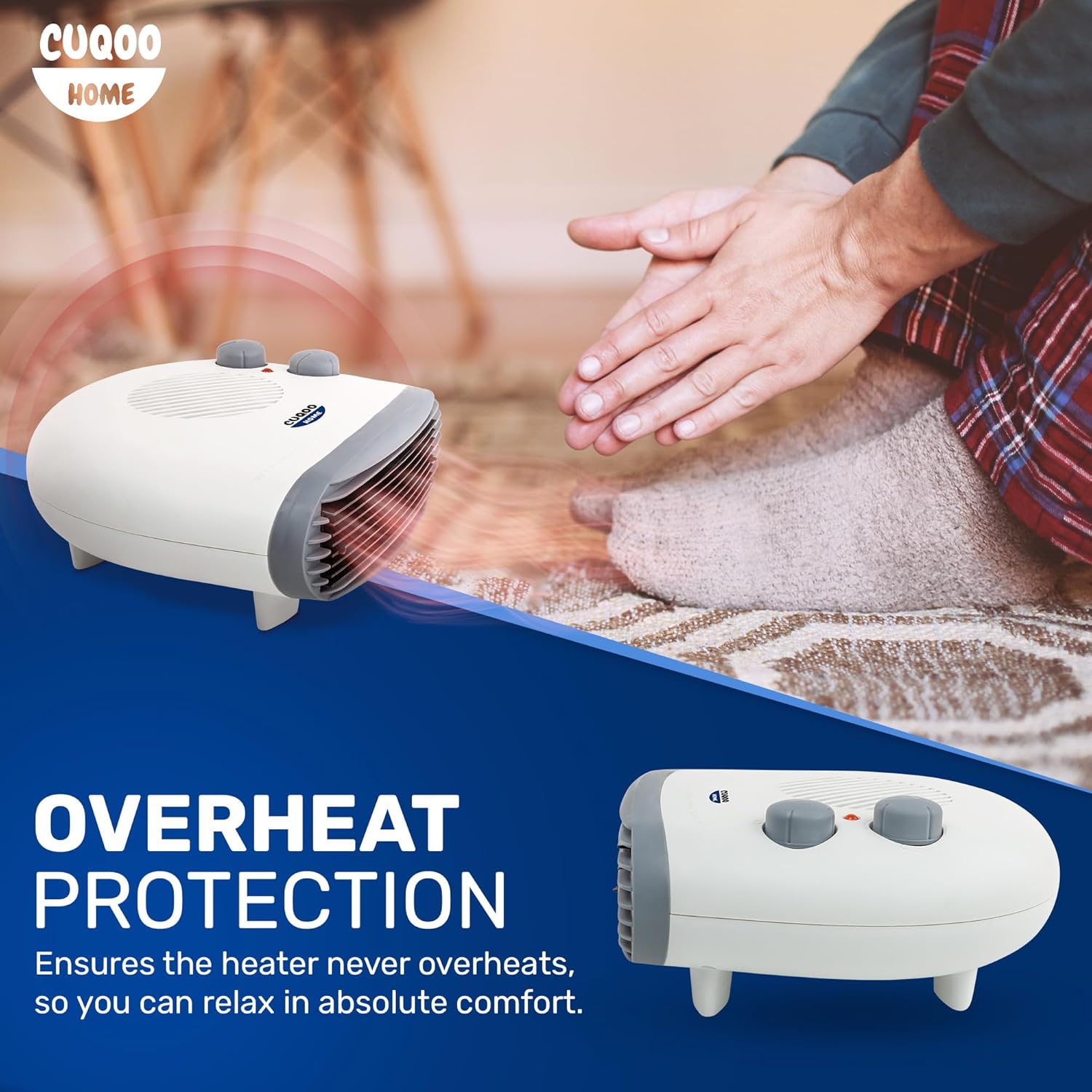 CUQOO Portable Flat Fan Heater – 2000W Room Heater with 3 Heat Settings and Overheat Protection | Horizontal Fan Heater | Electric Space Heater for Bedroom | Mini Heaters for Indoor Use.