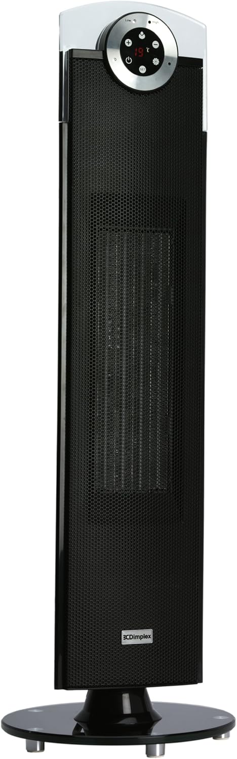 Dimplex DXSTG25 Studio G 2.5 kW Ceramic Tower Heater, Portable Electric Freestanding Ceramic Fan Heater, Motorised Oscillation, Floor Standing with Timer & Remote Control, for Home or Office – Black.