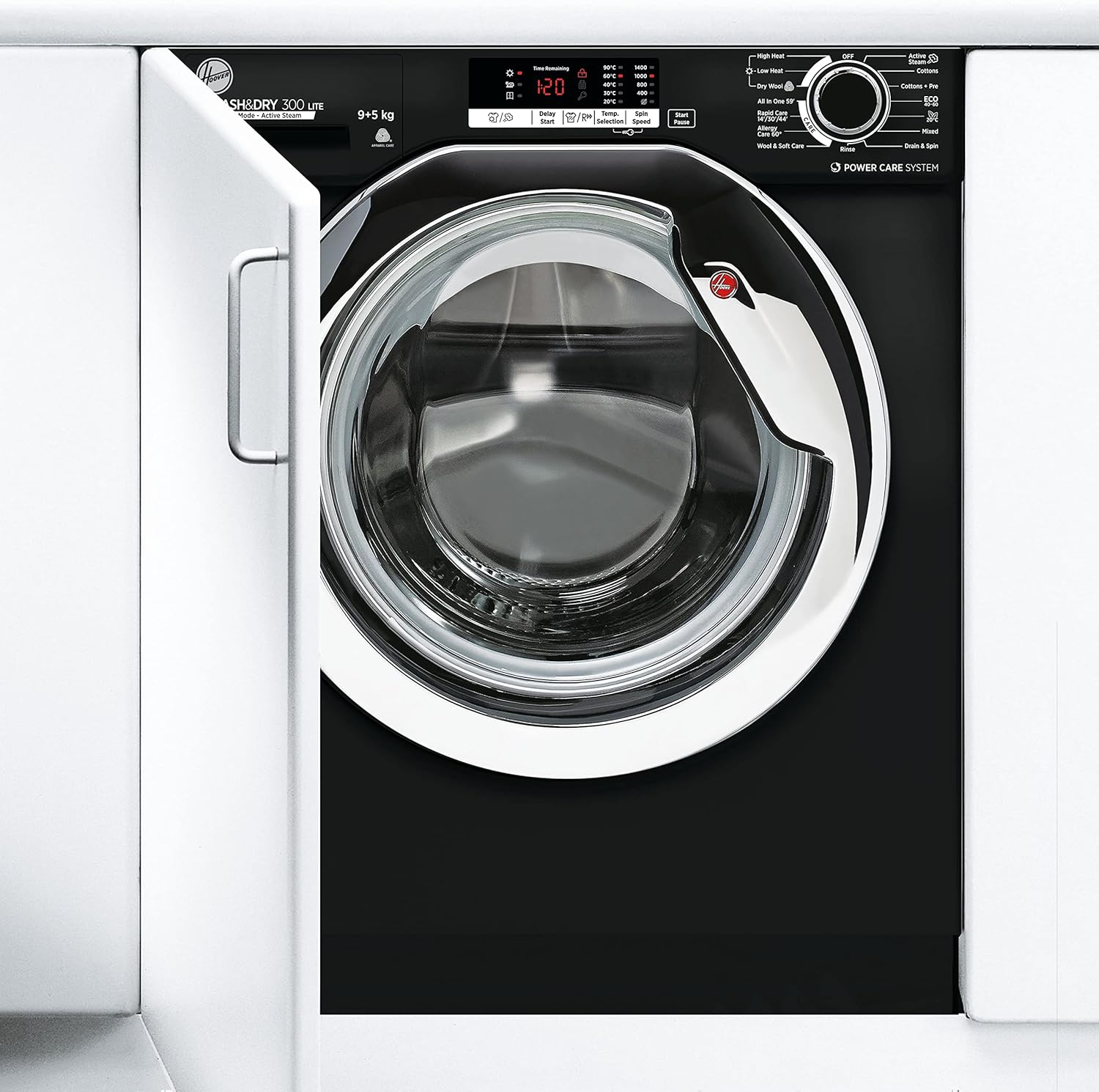 Hoover H-WASH/DRY HBDS495D2ACBE-80 Integrated Washer Dryer, 9Kg Wash+5Kg Dry, 1400 Rpm, 12 Programmes, 3 Drying Levels, Black with Chrome door.