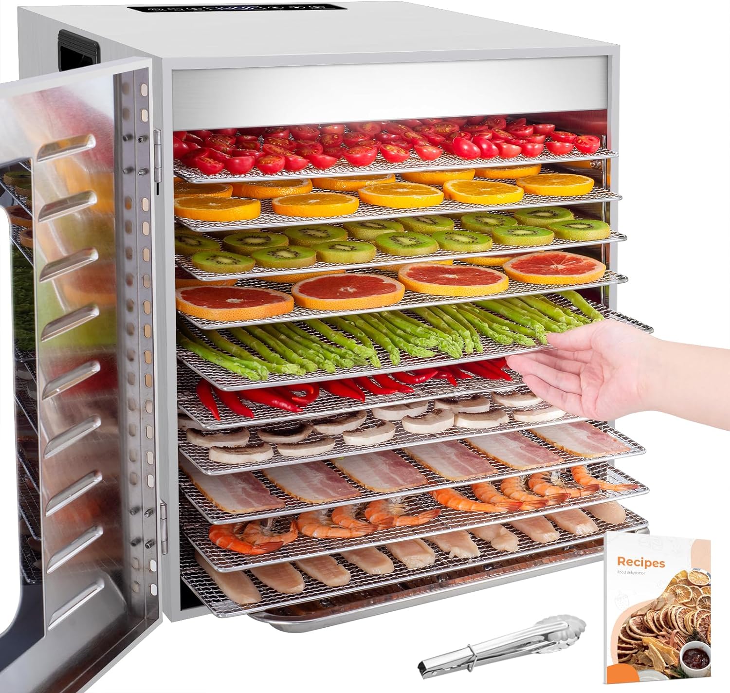 Kwasyo Dehydrator Stainless Steel DA 1000, XXL Food dehydrator surface 1.8 m², Dehydrators Food Dryer UK Temperature Adjustable 30-90℃, LED Display BPA-free, 67 Recipes, 10 Trays.