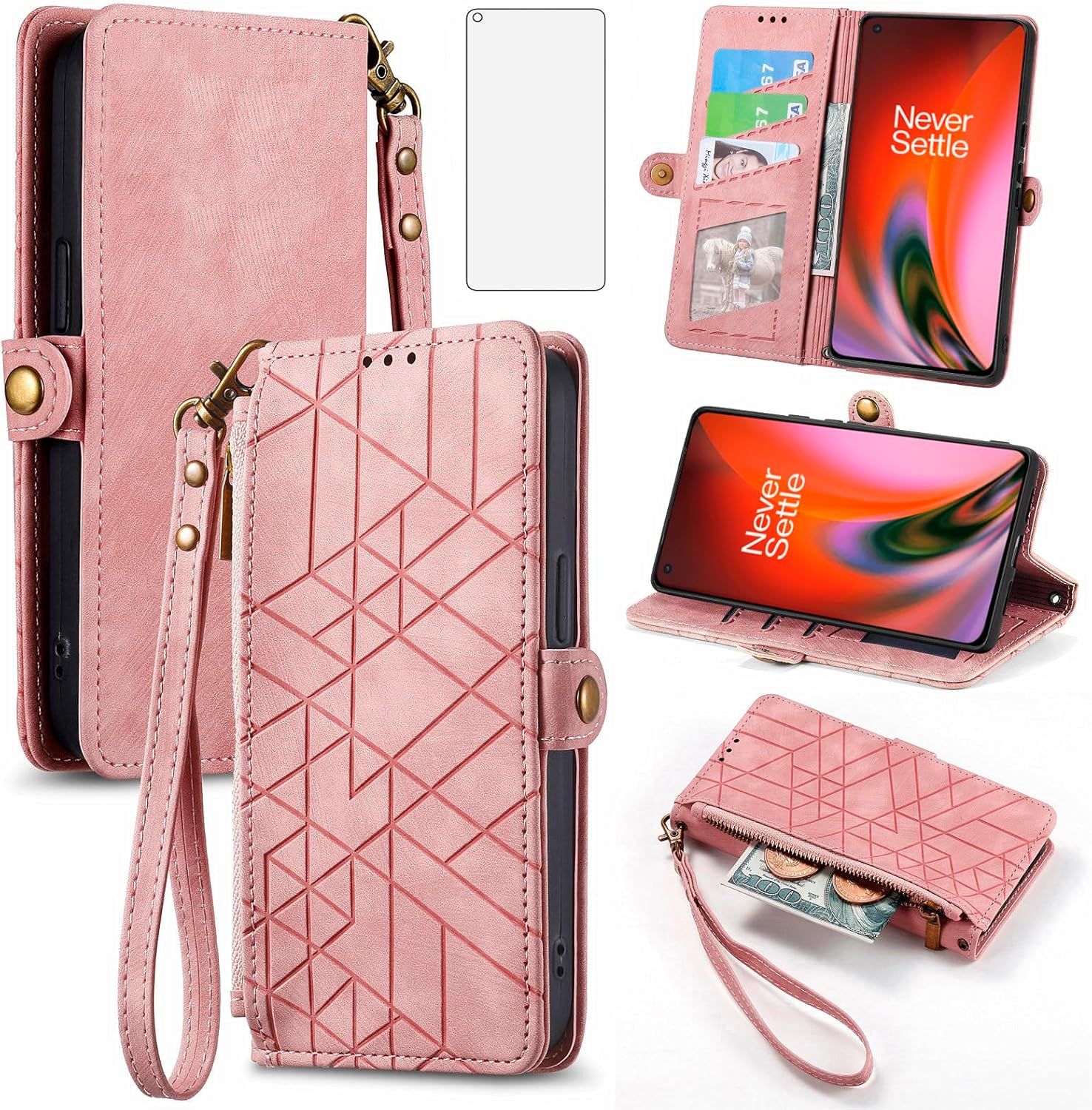 Asuwish Phone Case for OnePlus Nord 2 5G Wallet Cover with Tempered Glass Screen Protector and Flip Zipper Credit Card Holder Cell Accessories One Plus On 1 Plus 1plus One+ 1+ Nord2 Women Men Pink