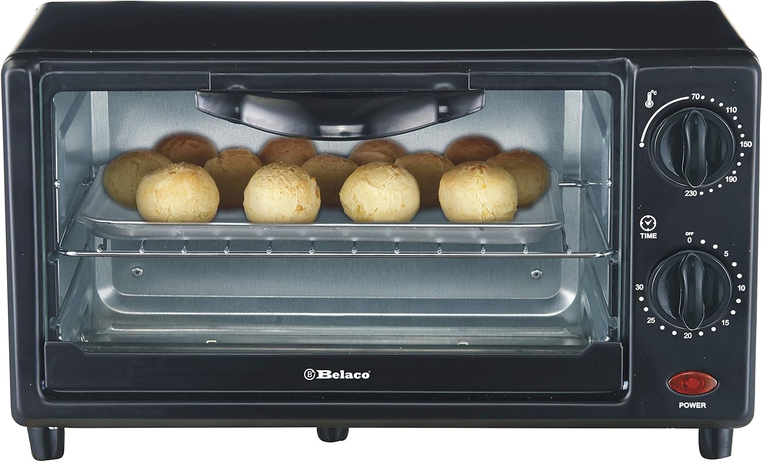 Belaco Mini 9L Toaster Oven Tabletop Cooking Baking Portable Oven 650w 100-250° Stainless steel heating tube incl. baking tray & wire rack.