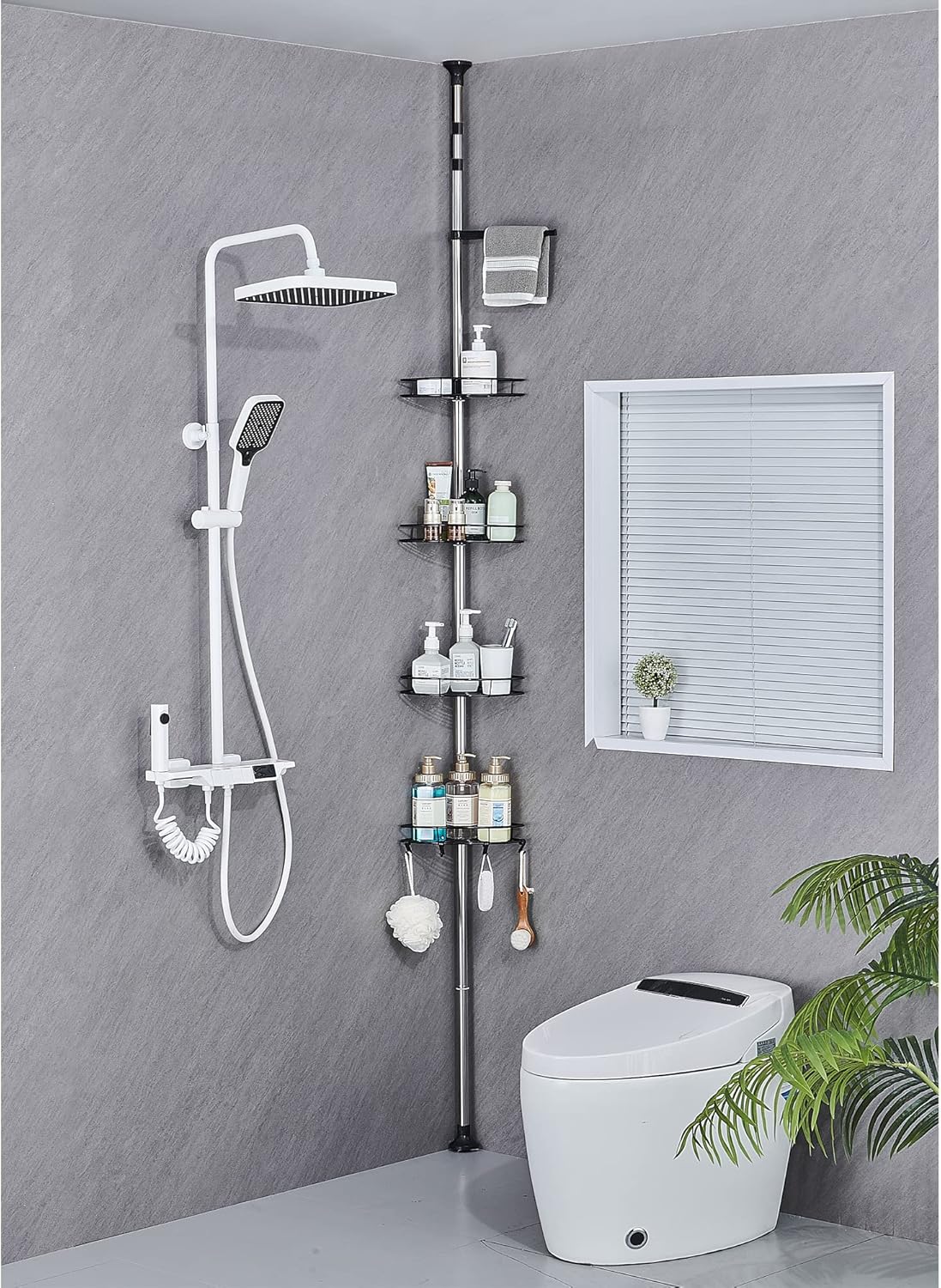 DUFU Adjustable Bathroom Corner Shelves, Telescopic Shower Caddy with 4 Bathroom Baskets, 4 Hooks, 1 Towel Rail, No Drilling Bathroom Storage Shower Shelf, 95-305 cm Floor to Ceiling, Black.