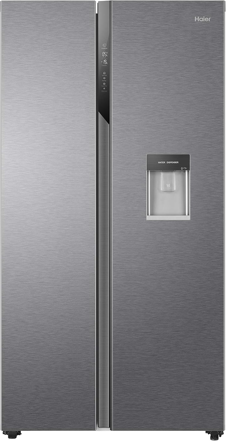 Haier HSR3918EWPG Freestanding American Style Side By Side Fridge Freezer with Non-Plumbed Water Dispenser, 521L Capacity, A++ (E) Energy Rated - Silver.