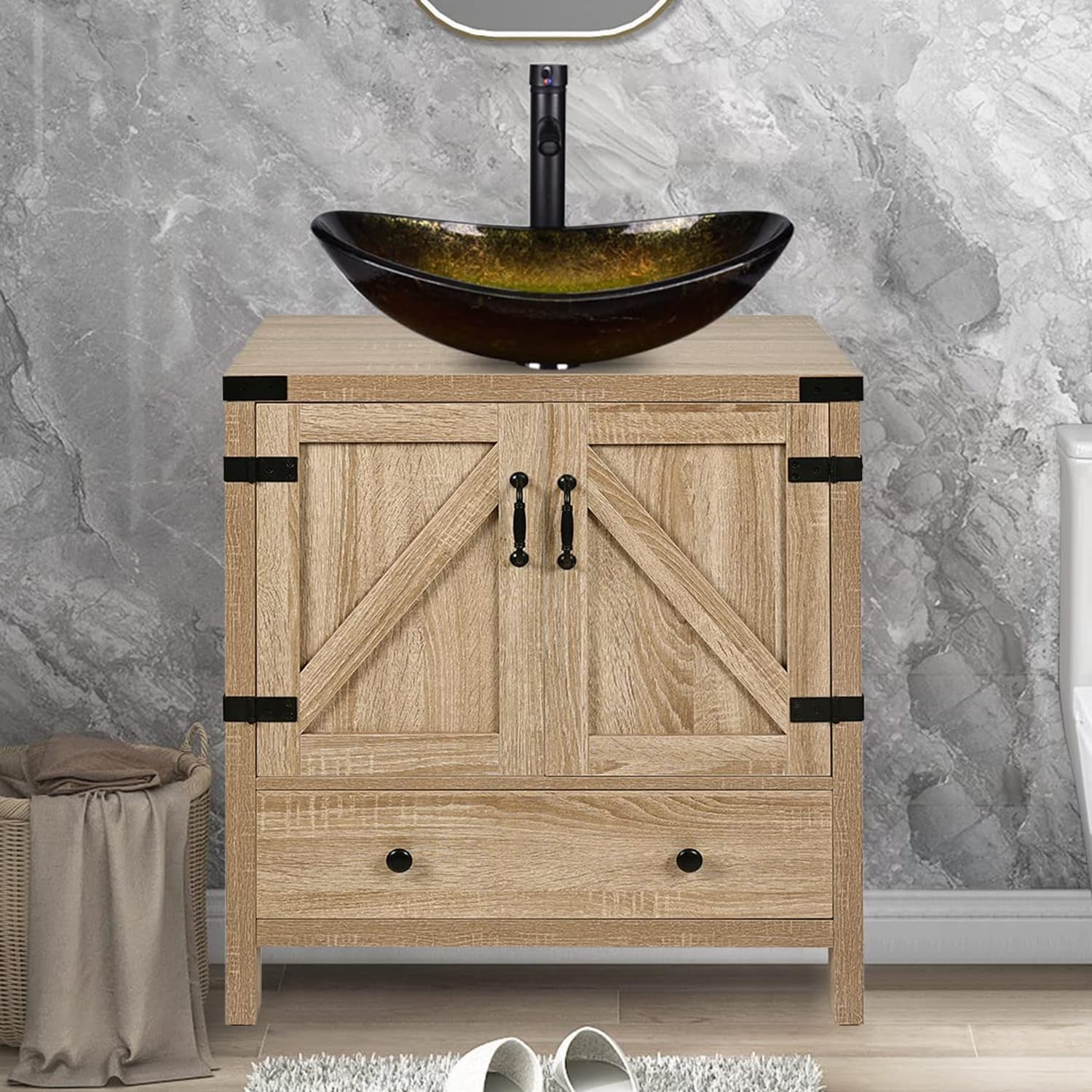 ARTETHYS Bathroom Sink Cabinet, Bathroom Vanity Units with Basin, 70cm Modern Free Standing Bathroom Cabinet with Cloakroom Gold Glass Vessel Sink.