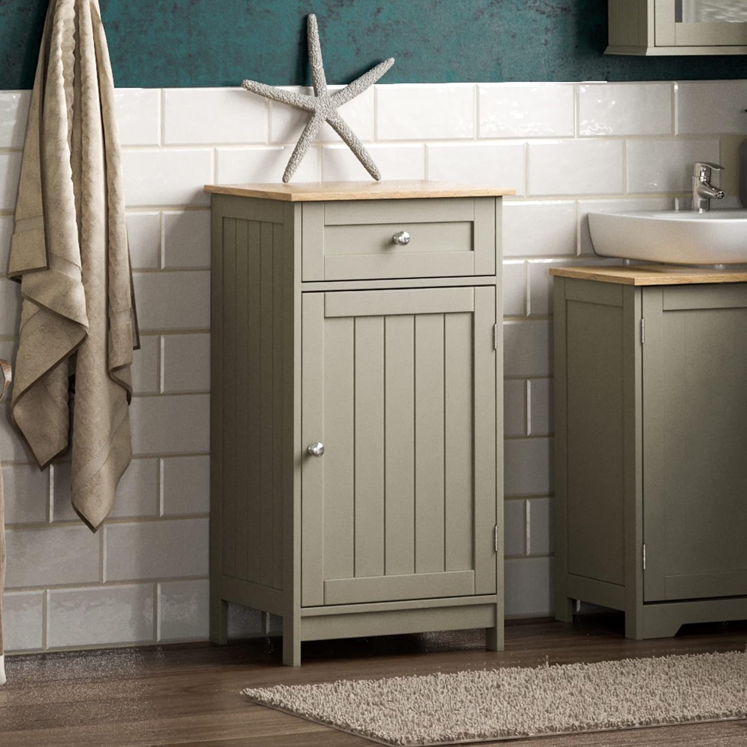 Bath Vida Priano Bathroom Cupboard 1 Door 1 Drawer Floor Standing Cabinet Drawer Unit Storage, Grey & Oak.