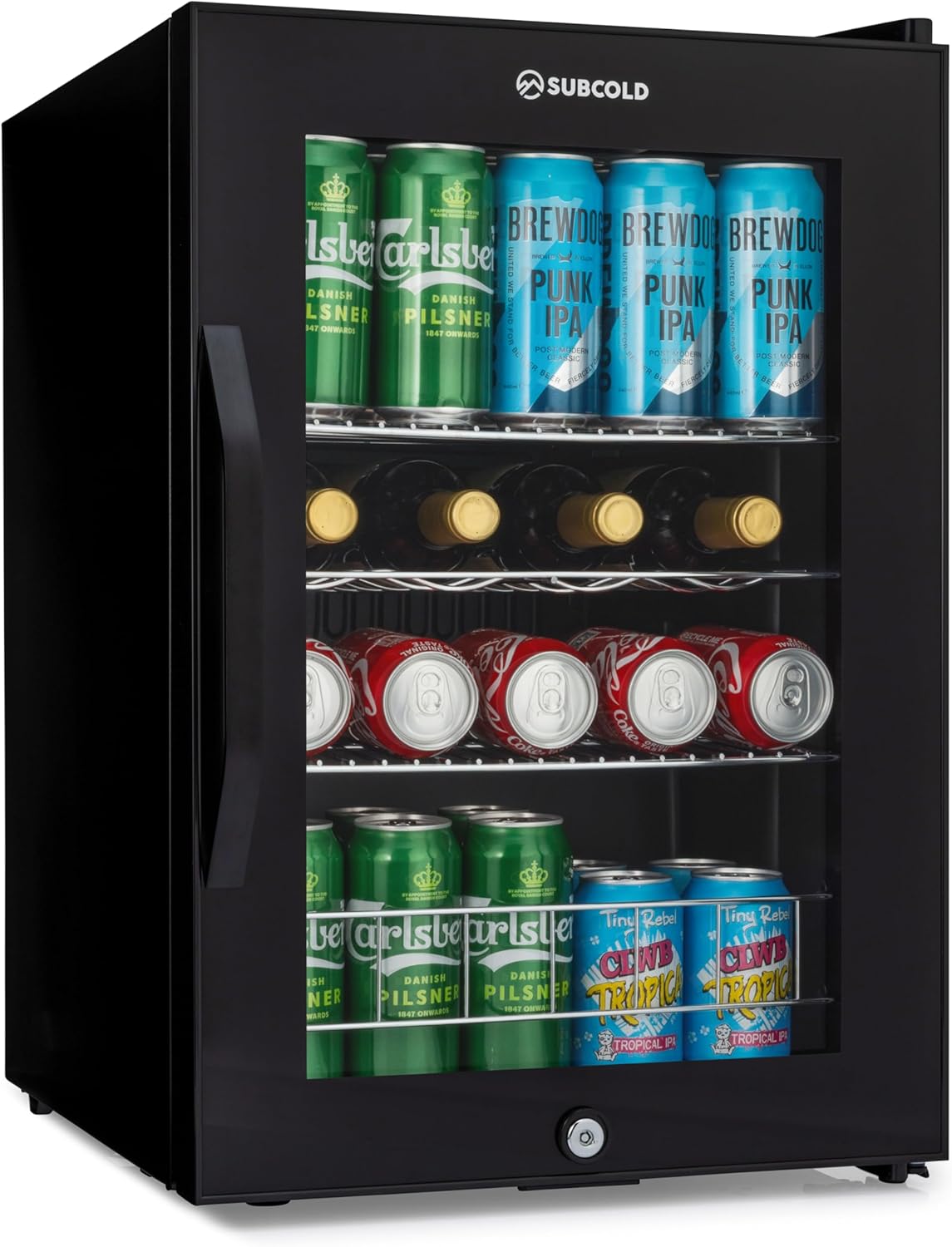 Subcold Ace65 LED Touch Control Beer Fridge With Glass Door | Premium Drinks & Wine Mini Fridge | Black Alu Handle, Quiet & Lockable | 66 Cans | Ideal for Bedrooms and Table Top.