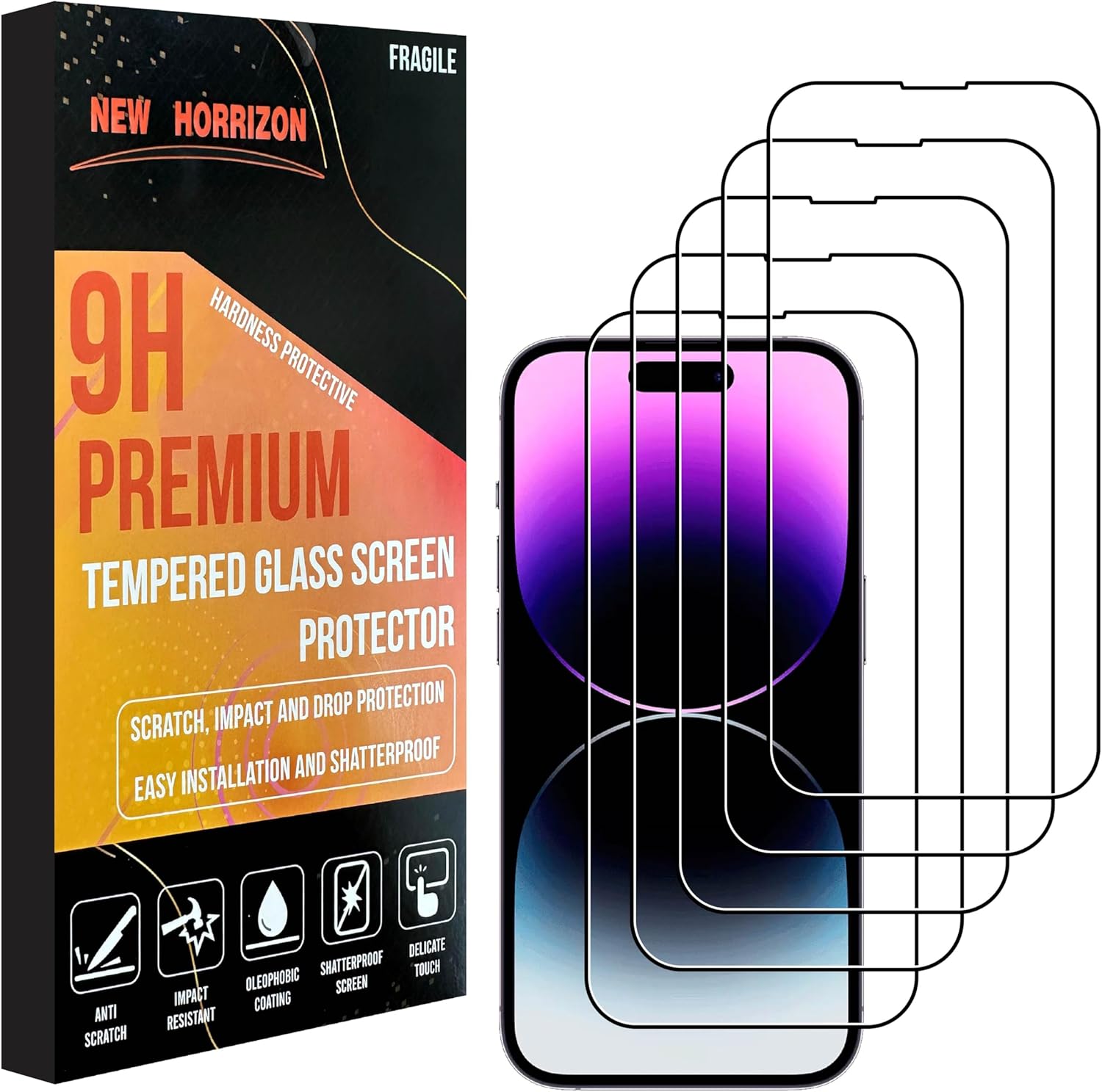 New Horrizon [5-Pack] Screen Protector for iPhone 15 & iPhone 15 Pro (6.1-Inch), Tempered Glass Film, [LifetimeSupport][Impact-Protection][Anti-Shatter][Anti-Scratch].