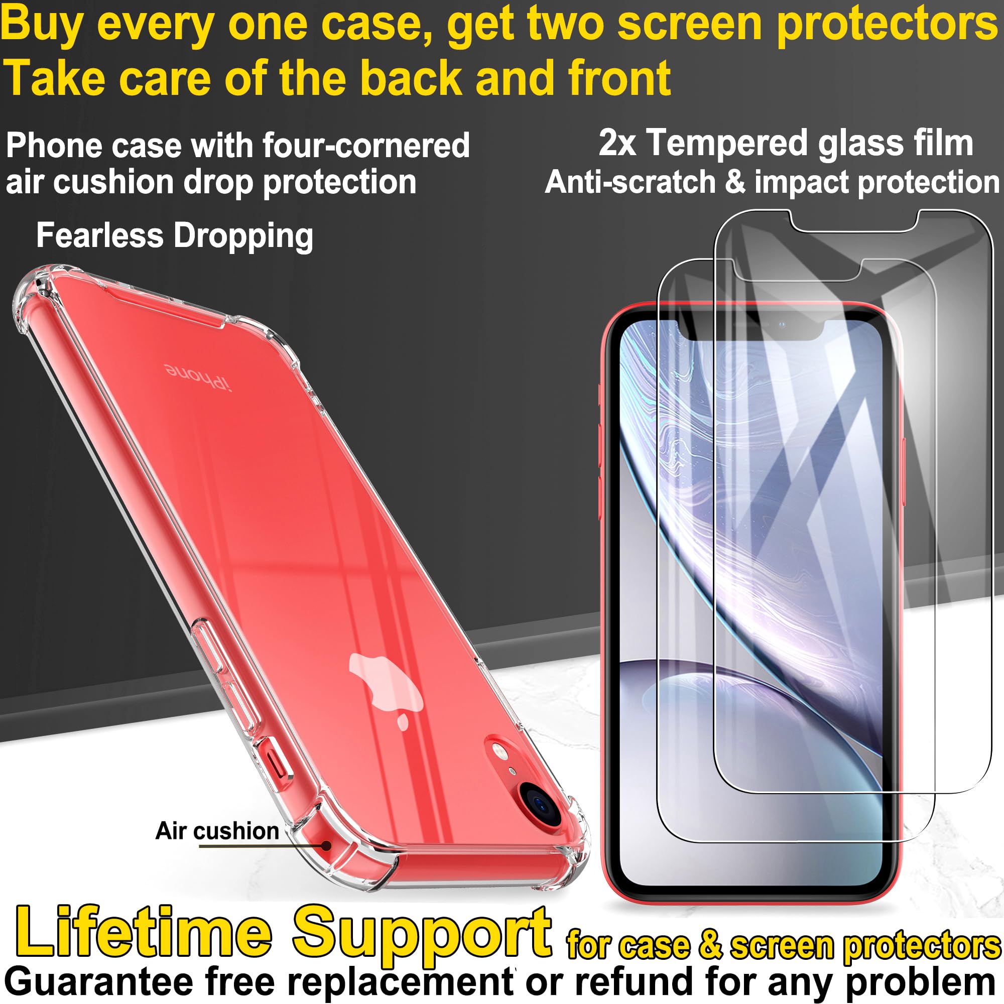 4youquality Case for iPhone XR with [2-Pack] Tempered Glass Screen Protectors, Advanced Air Cushion Drop Protection, Shockproof Transparent Clear Bumper Phone Case Cover, Anti-Scratch.