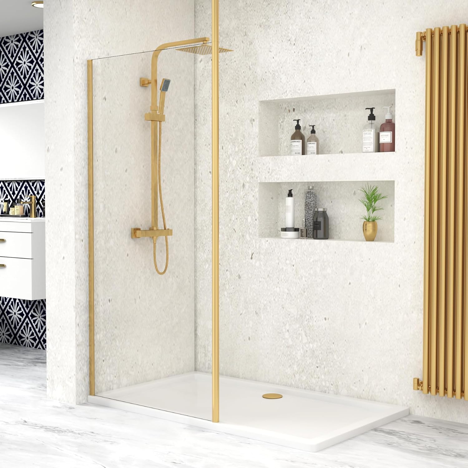 Marbella 900mm Walk in Wet Room Shower Screen with Brushed Brass Ceiling Post.