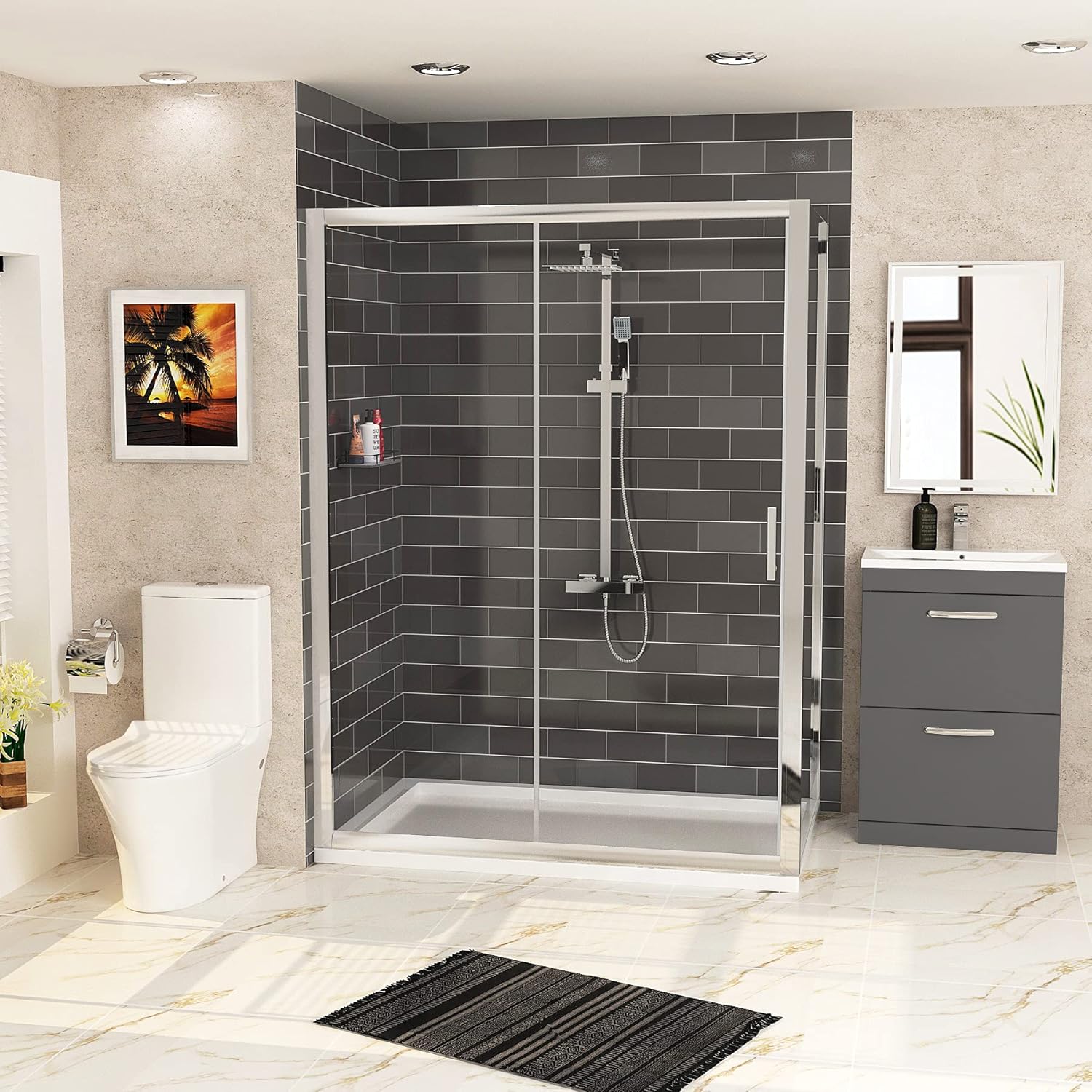 1100 x 900 Sliding Shower Enclosure En-Suite with Peak Toilet & 600mm Grey Gloss 2 Drawer Vanity Unit - Slim Seat.