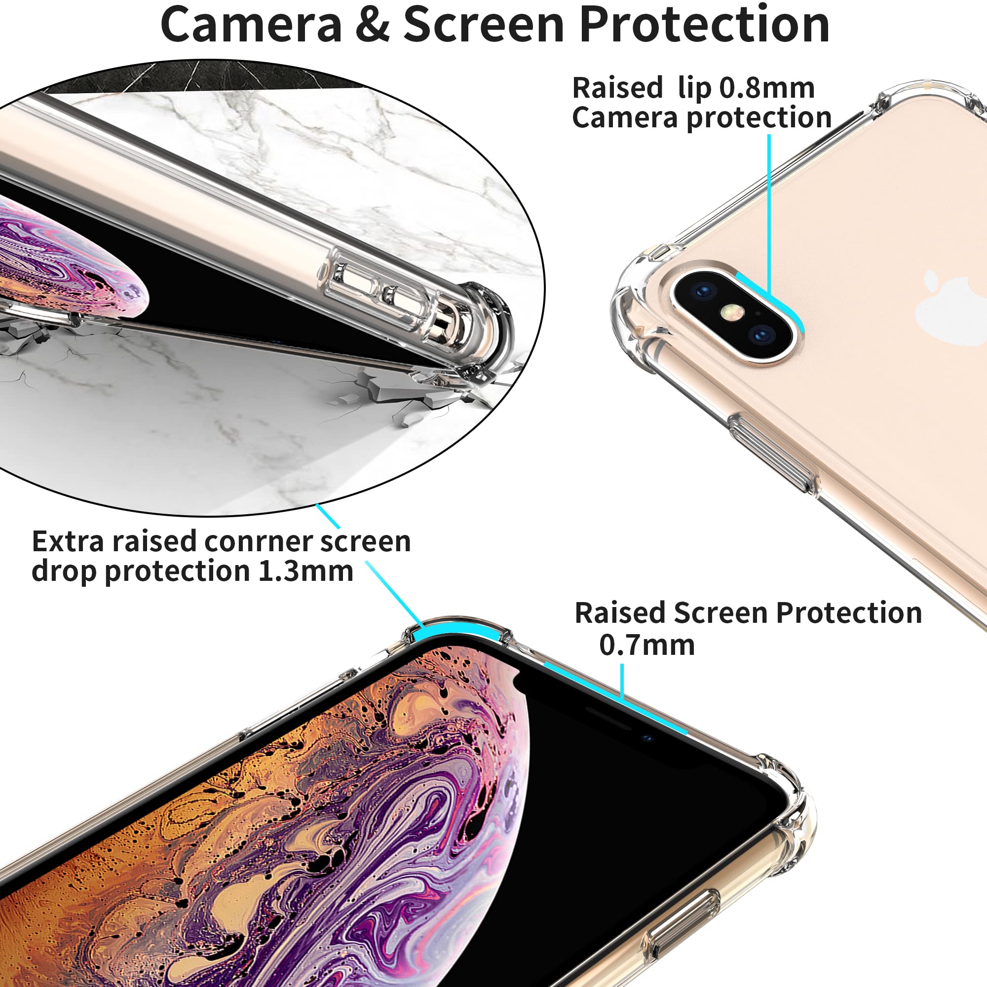 4youquality Case for iPhone XS Max with [2-Pack] Tempered Glass Screen Protector, Air Cushion Drop Protection, Shockproof Transparent Clear Bumper Phone Case Cover, Anti-Scratch.