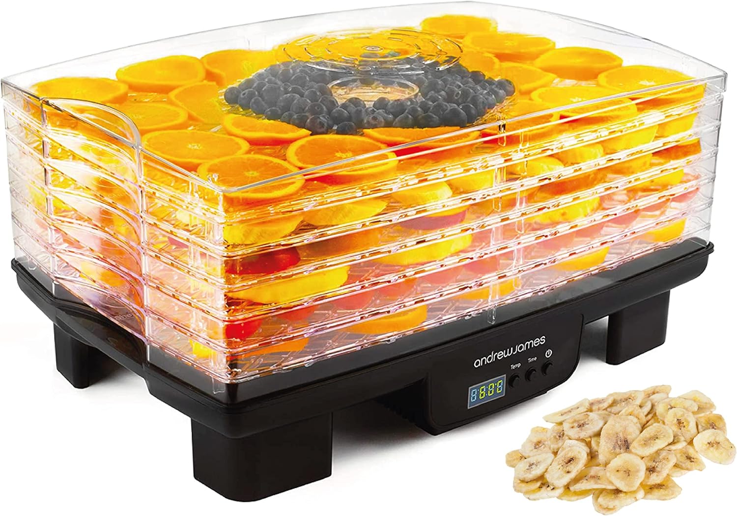 Andrew James Digital Food Dehydrator, Fruit and Meat Dryer Machine, Electric Air Circulation, 550W, 6 Large Trays, Adjustable Temperature, Timer, Healthy Snacks, Banana Chips, Dried Meats, Pet Treats.