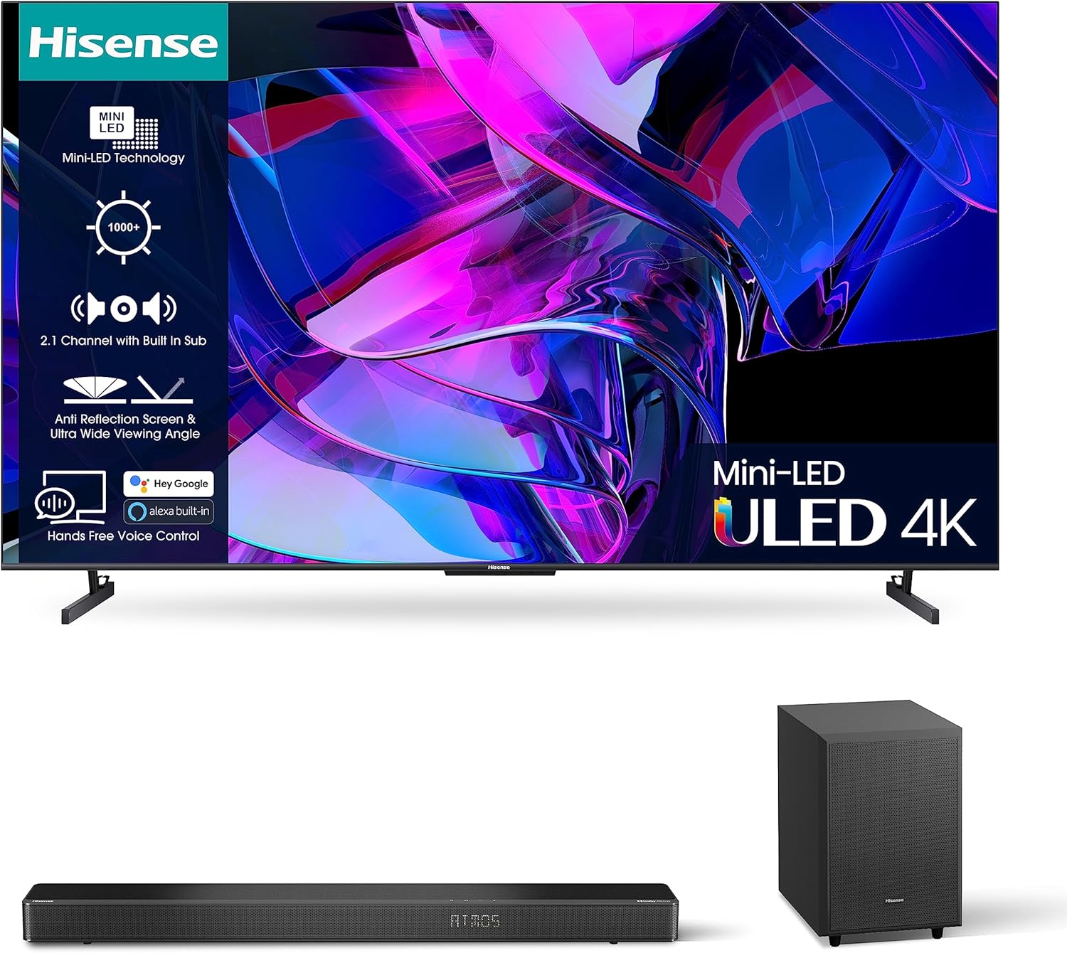 Hisense 55 Inch ULED Mini-LED Smart TV 55U7KQTUK - 144Hz VRR, HDMI 2.1, Quantum Dot Colour, Dolby Vision IQ, VIDAA, and Youtube, Freeview Play, Netflix and Disney+ (2023 New Model), Black.