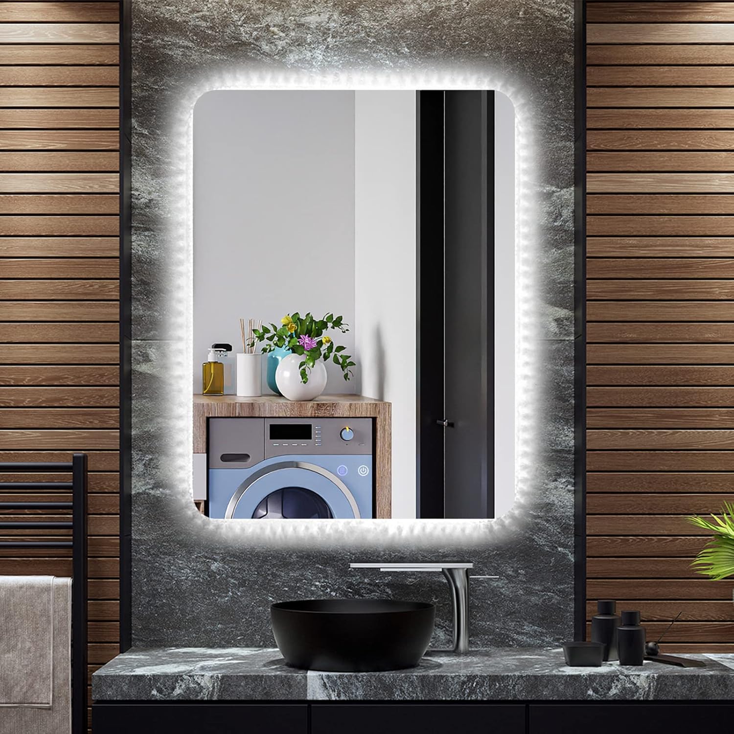 COSTWAY 80x60cm LED Illuminated Bathroom Mirror, Wall Mounted Mirror with Demister Pad, 3 Dimmable Color Temperatures & Memory Touch Control, Vertical/Horizontal Anti-Fog Lighted Wall Vanity Mirror.