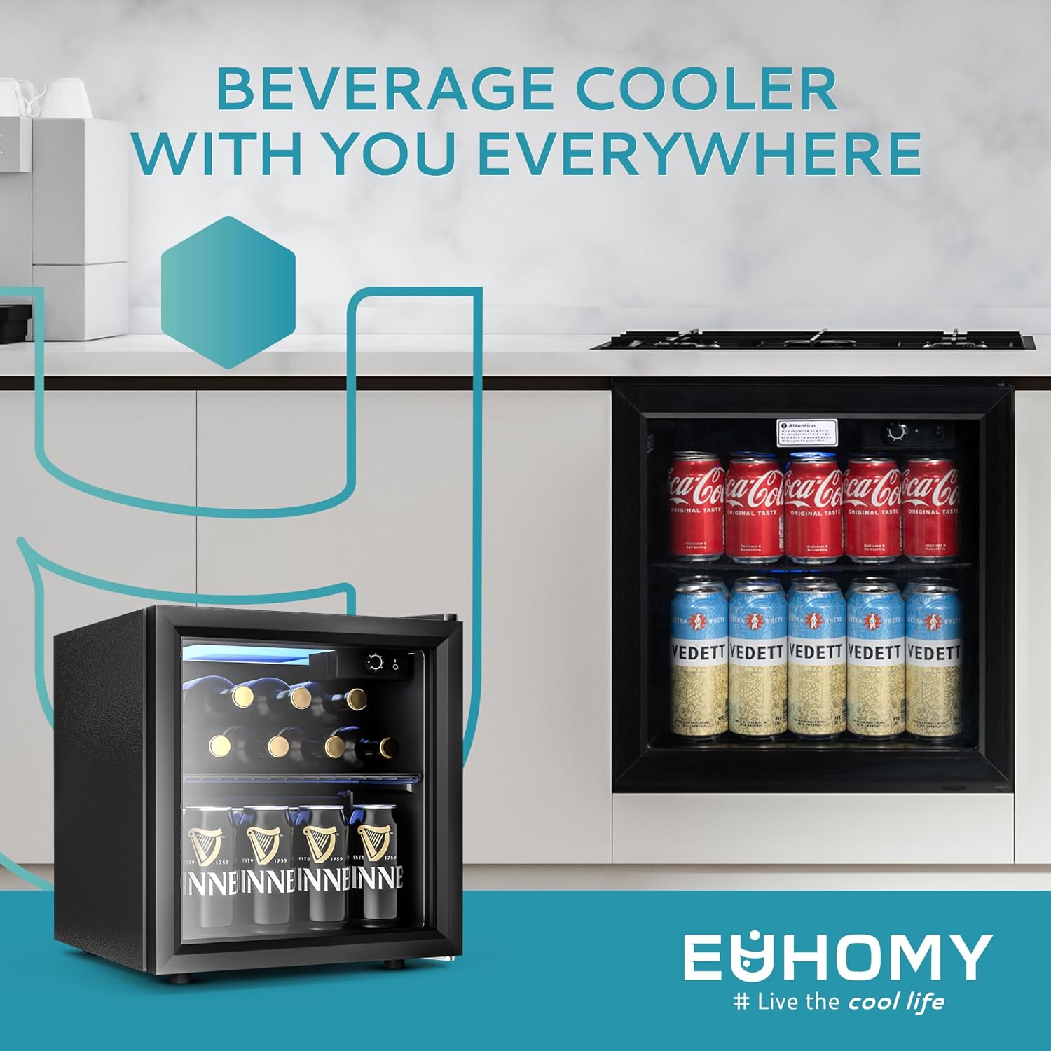 EUHOMY Beverage Refrigerators with Glass Door, Beverage Fridge Cooler 55 Can Drink Fridge Wine Bottle Fridge, Beverage Glass Fridge with LED Lights, Removable Shelves for Home/Office/Dorm/Bar (Black).