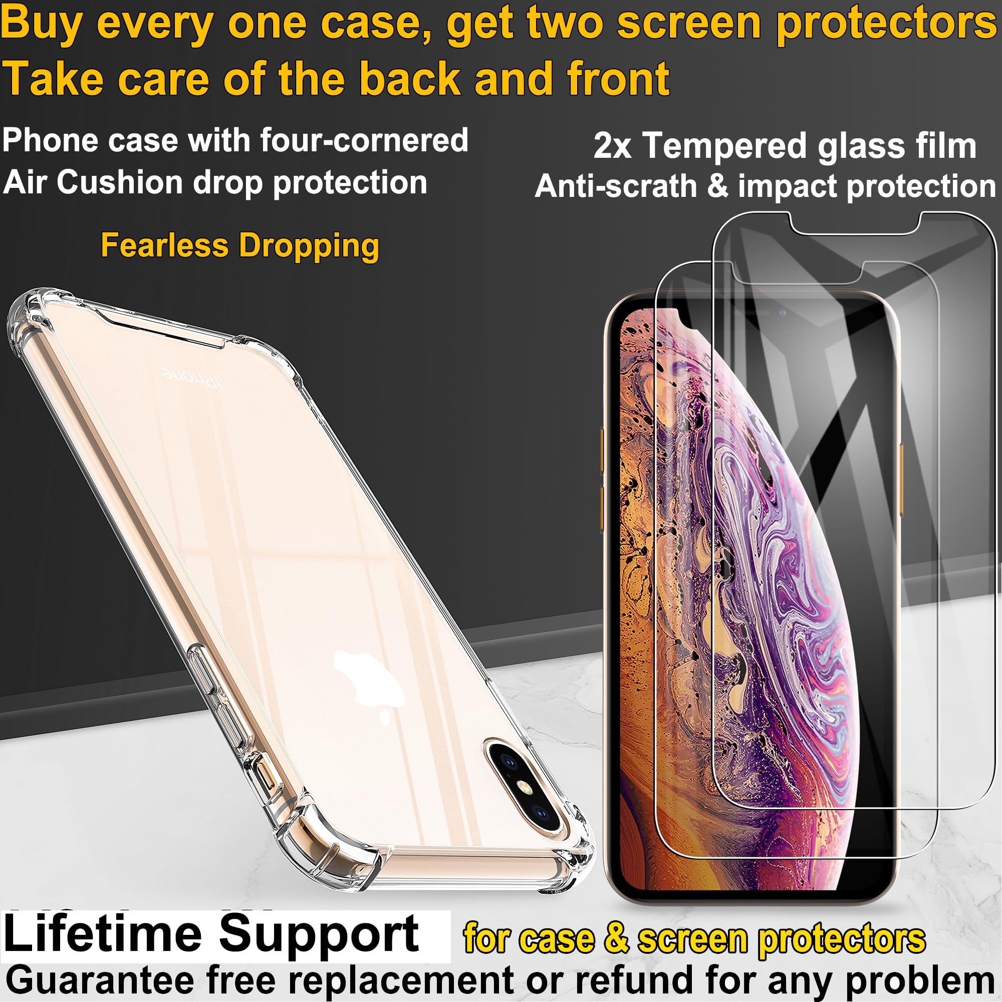 4youquality Case for iPhone XS Max with [2-Pack] Tempered Glass Screen Protector, Air Cushion Drop Protection, Shockproof Transparent Clear Bumper Phone Case Cover, Anti-Scratch.