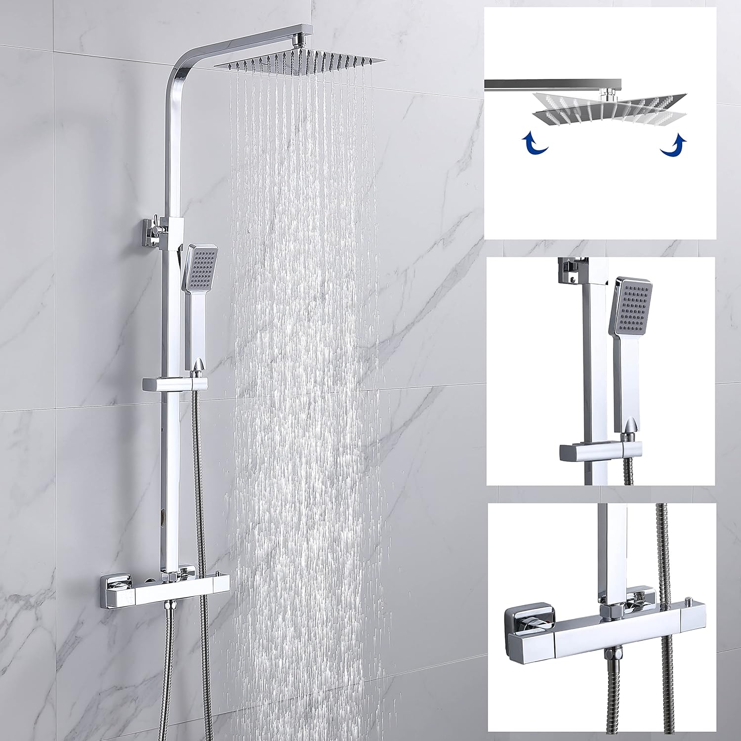 Bathroom Thermostatic Shower Mixer Set Handheld Shower and with Adjustable 8" Overhead Rainfall Shower Head Twin Head & Body Chrome Plated Set.