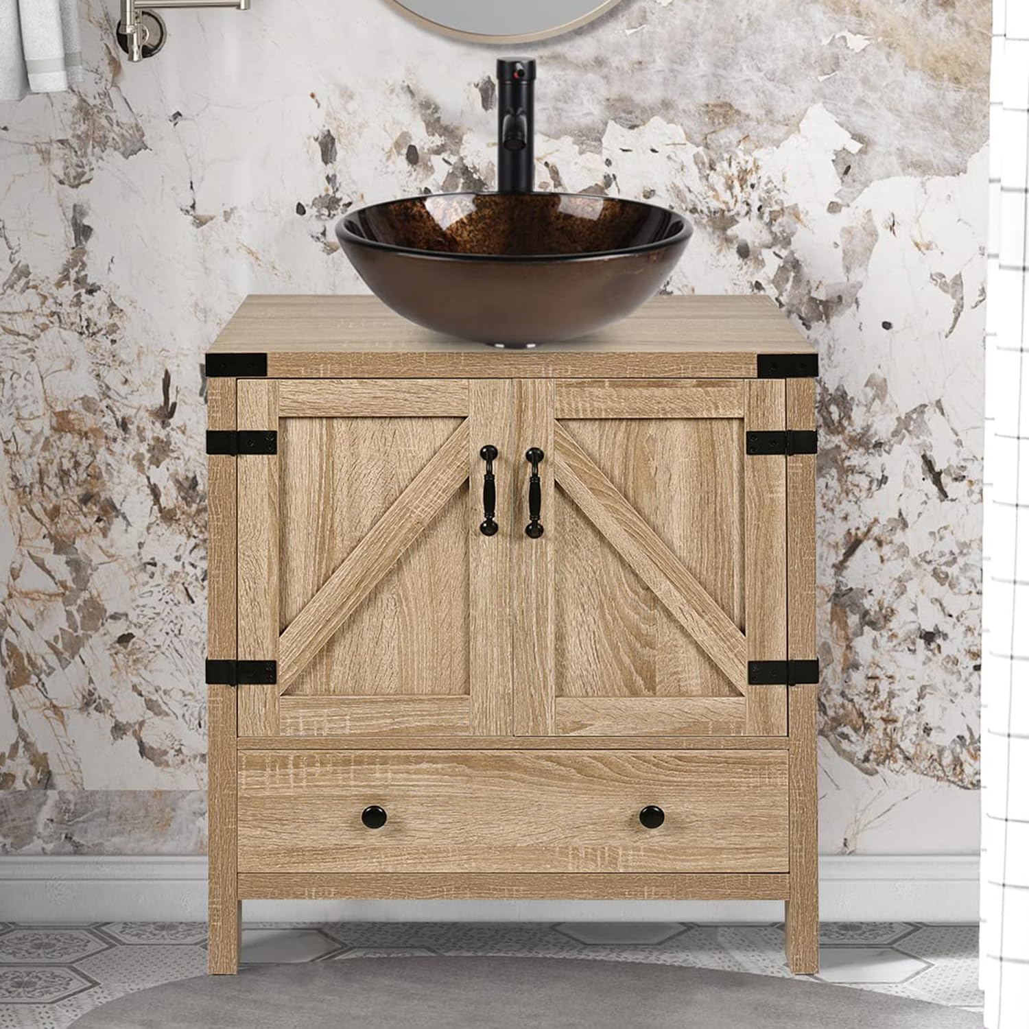 ARTETHYS Bathroom Sink Cabinet, Bathroom Vanity Units with Basin, 70cm Modern Free Standing Bathroom Cabinet with Cloakroom Gold Glass Vessel Sink.