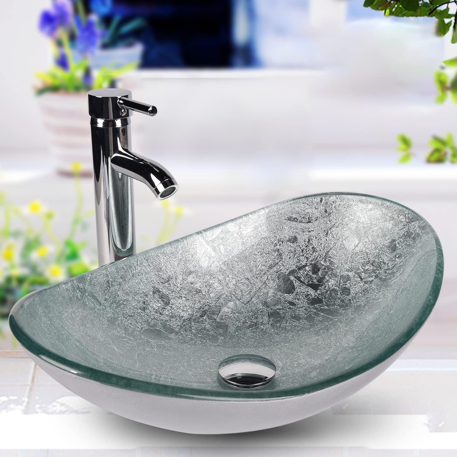 YU YUSING Countertop Bathroom Sink Basin Oval Hand Washbowl Tempered Glass with Tap Waste Set, Cloakroom Kitchen Toilet, Gold.