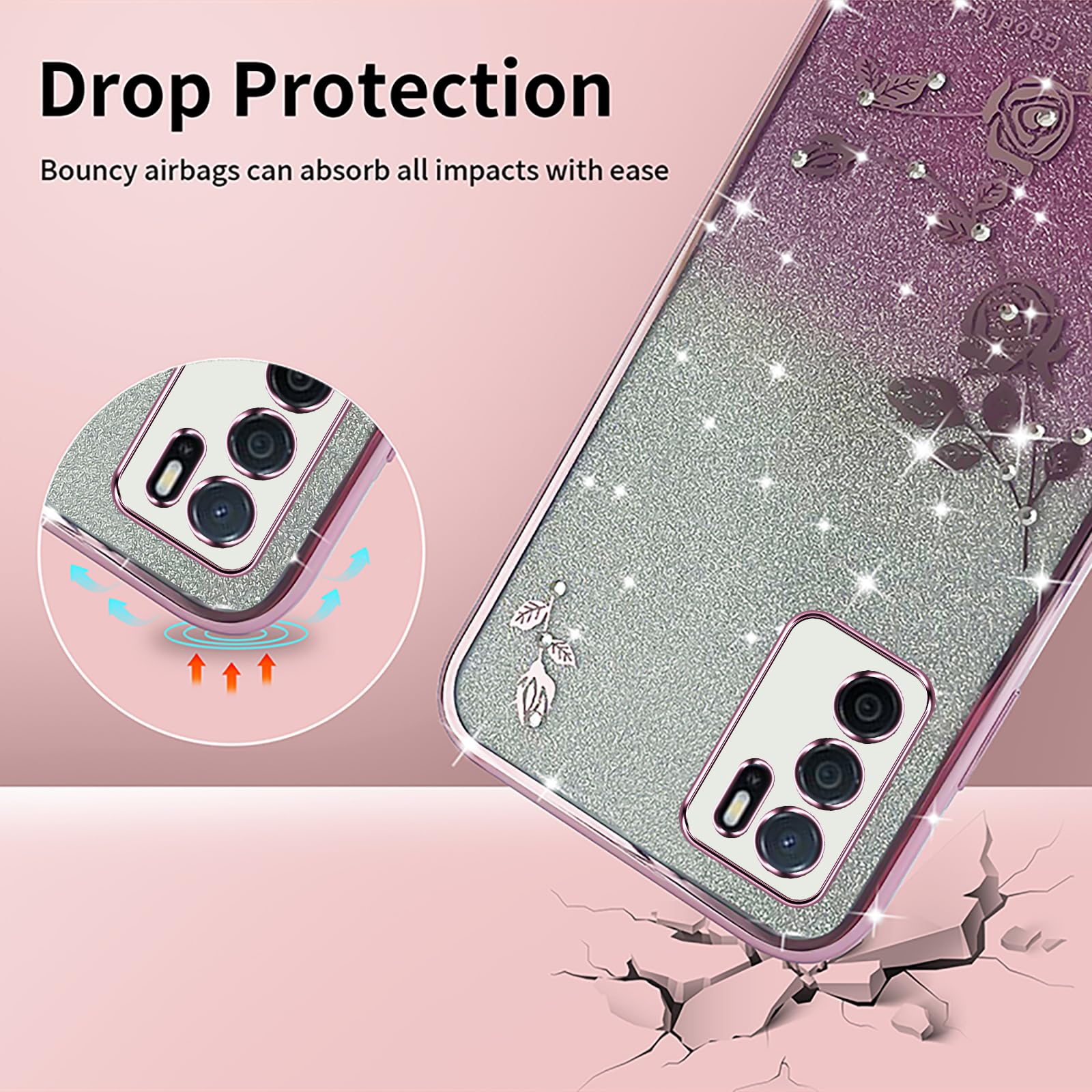 XINYEXIN Transparent Glitter Case for Oppo A16 / Oppo A16s / Oppo A54s, Women Girls Bling Diamond Phone Case Ultra Thin Slim Portable Shockproof Protective Cover - Purple.