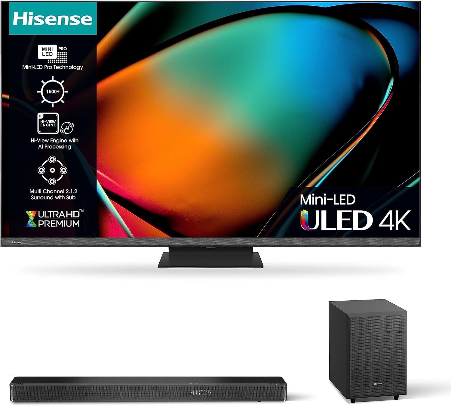 Hisense 55 Inch ULED Mini-LED PRO TV 55U8KQTUK - 2.1.2 Muti-Channel Surround, Quantum Dot Colour, 144Hz VRR, Dolby Vision IQ, VIDAA U7, and Youtube, Freeview Play, Netflix and Disney+ (2023 Model).