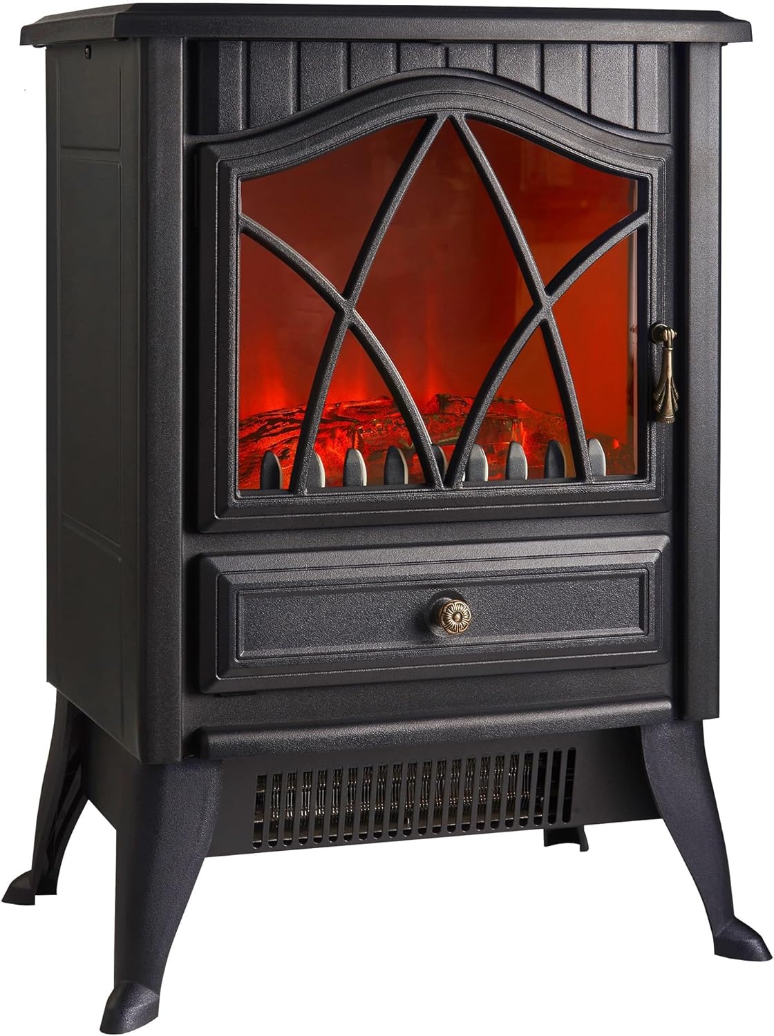 VonHaus Electric Stove Heater 1800W - Indoor Log/Wood Burner/Burning Effect, Free Standing Fire, Portable Fireplace, LED Flame, 2 Heat Settings, Adjustable Thermostat, Black - H52 x W38 x D26cm.