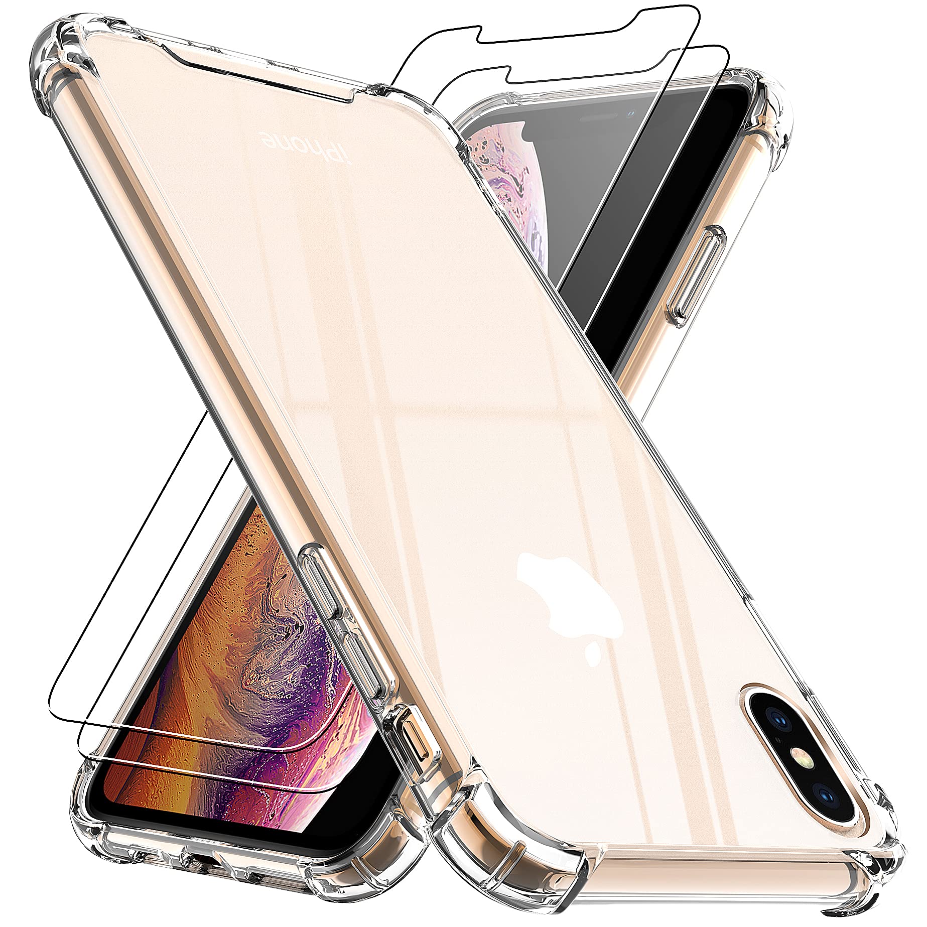 4youquality Case for iPhone XS Max with [2-Pack] Tempered Glass Screen Protector, Air Cushion Drop Protection, Shockproof Transparent Clear Bumper Phone Case Cover, Anti-Scratch.