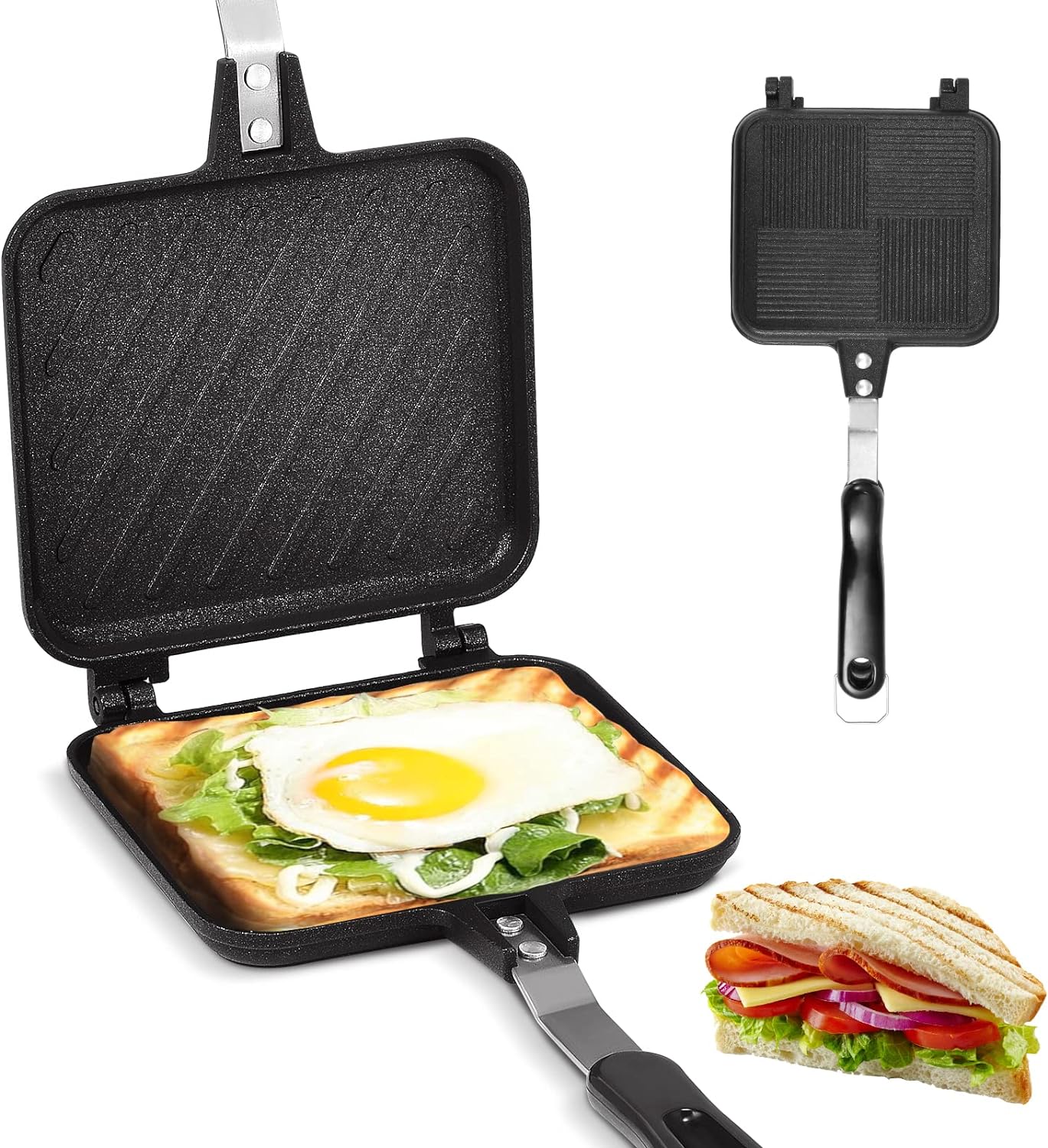 Altueey Toasted Sandwish Maker, Double Sided Frying Pan, Non-Stick Stovetop Toastie Maker Baking Pan with with Heat-Resistant Handles for Home Family Breakfastor Outdoors Camping.