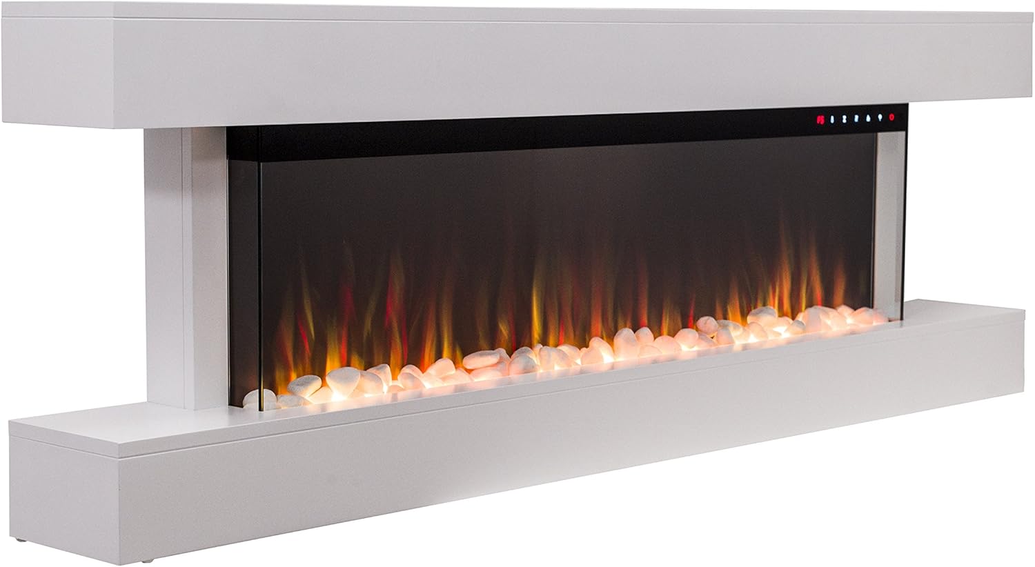 2024 TruFlame PREMIUM PRODUCT 60inch White Wall Mounted Electric Fire Suite with 10 colour Flames and Mantel (Pebbles, Logs and Crystals).