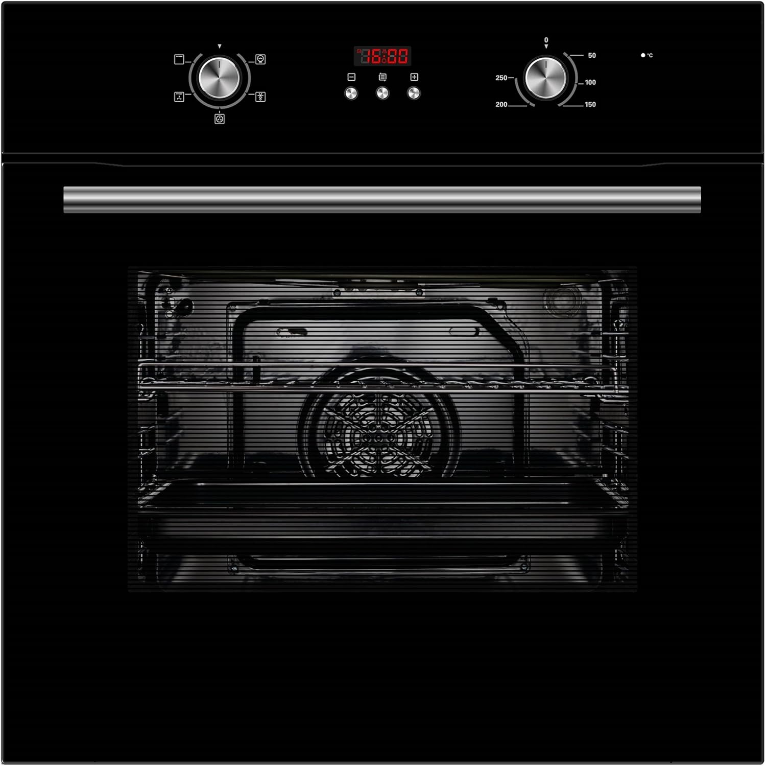 Cookology COF605BK 60cm 65 Litre Capacity, Installed Built In Electric Fan Oven, Integrated Single Fan Oven with Mechanical Dial Timer and Grill - in Black.